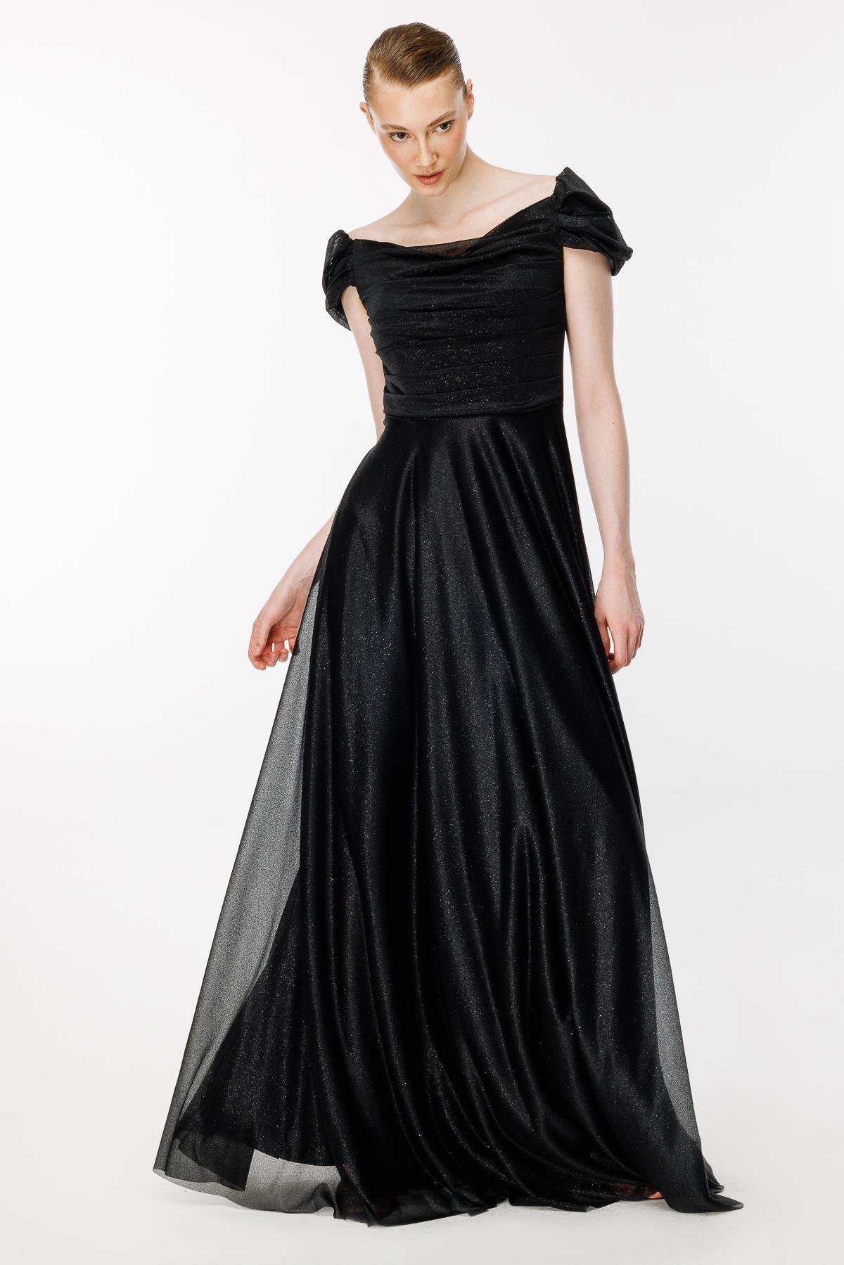 Düşük Omuz Drape Ve Sim Detaylı Uzun Abiye - SİYAH