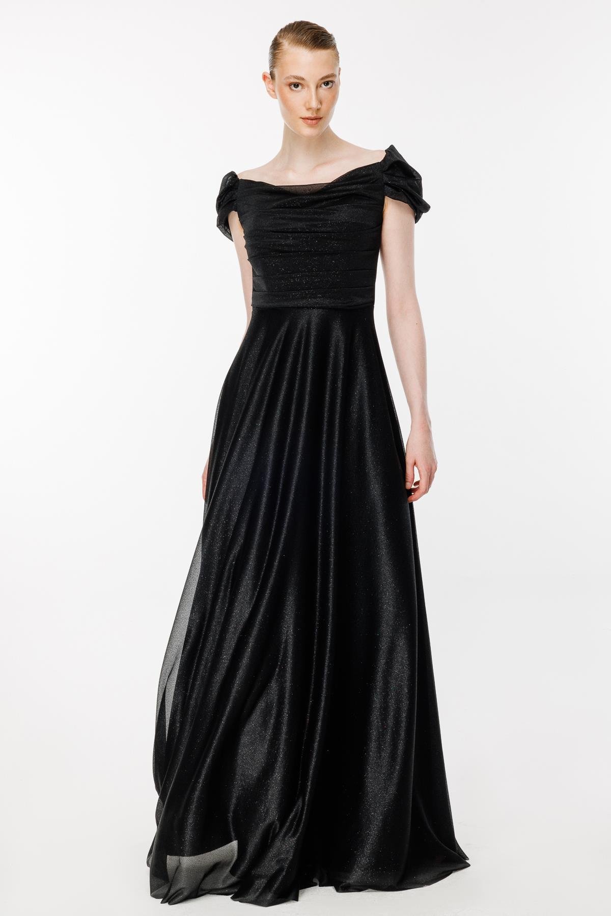 Düşük Omuz Drape Ve Sim Detaylı Uzun Abiye - SİYAH