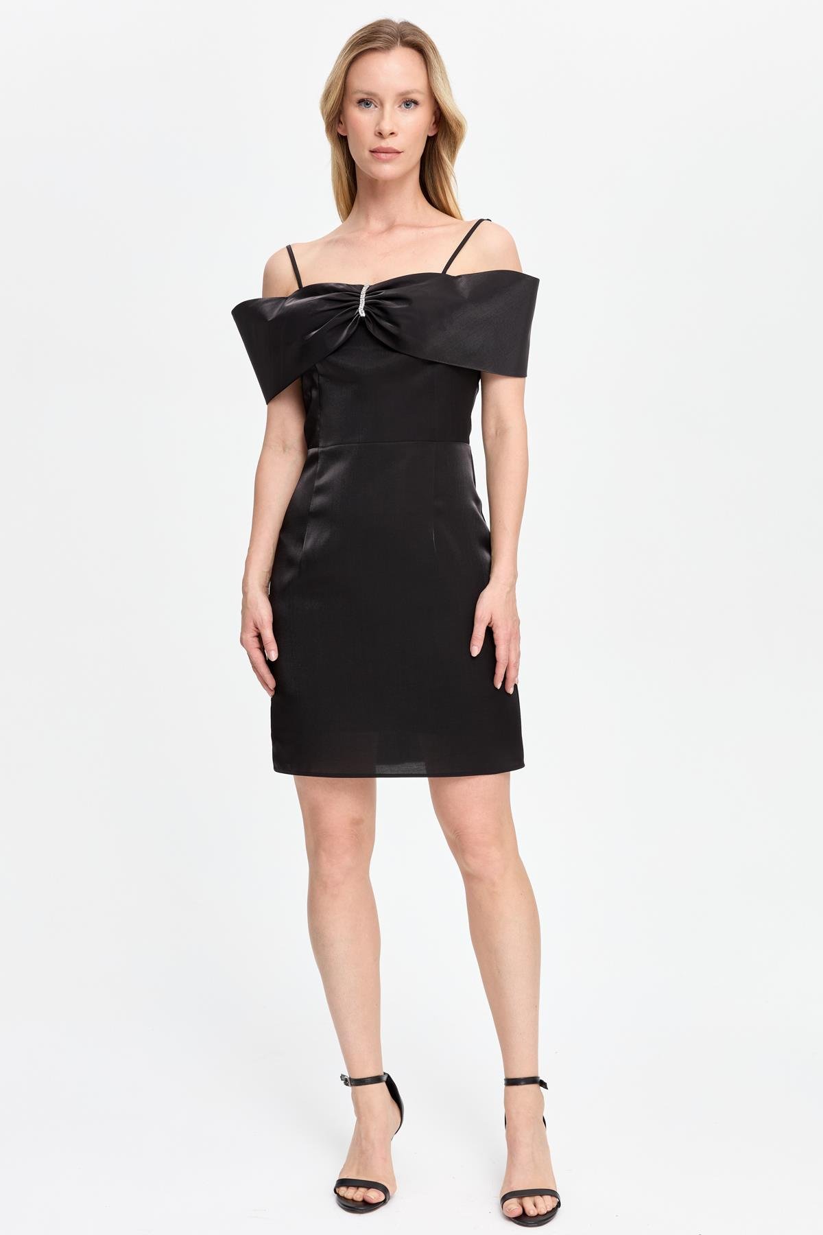 Düşük Omuz Taş Detaylı Kısa Abiye - SİYAH