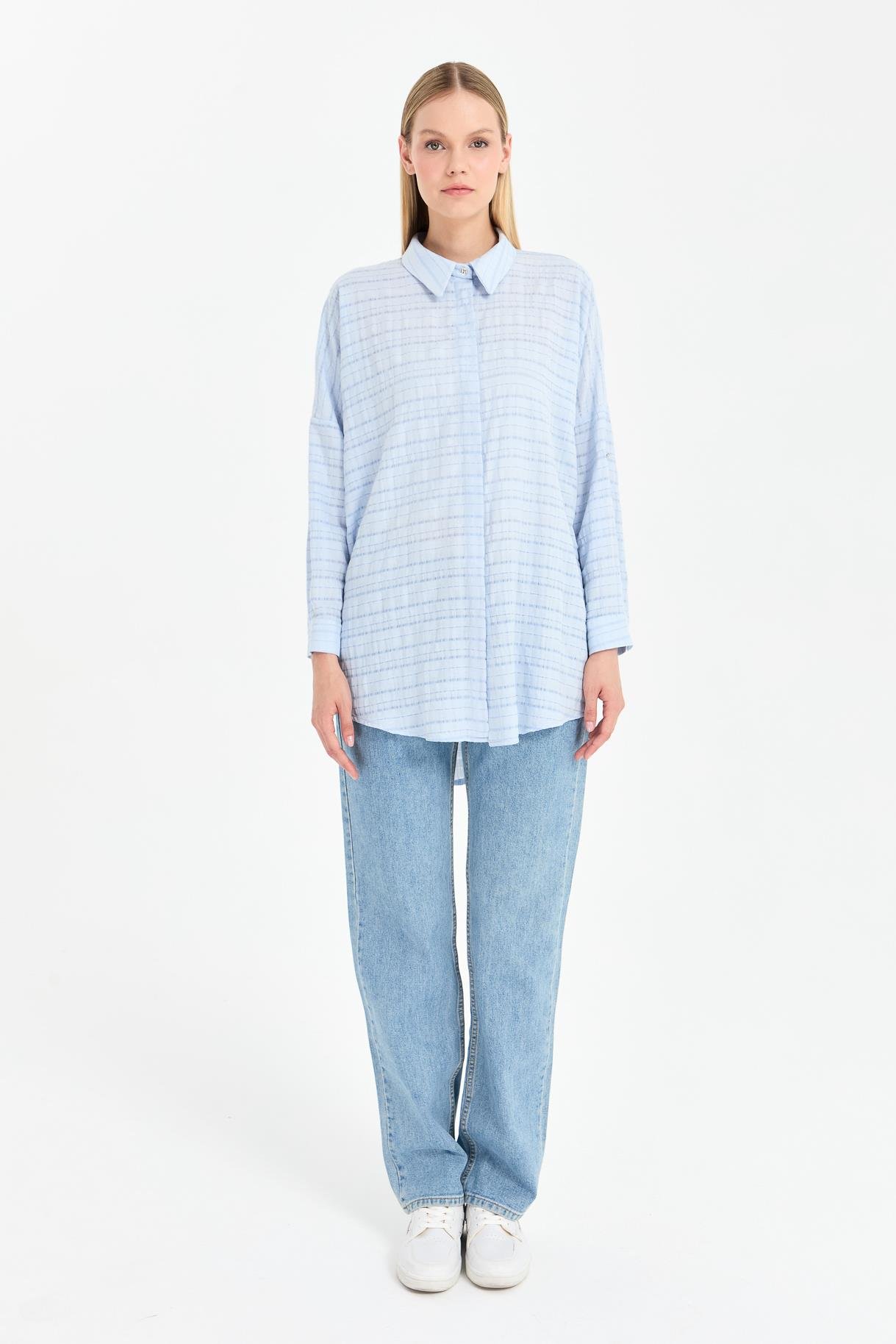 Ekose Coton Rahat Gömlek - MAVİ