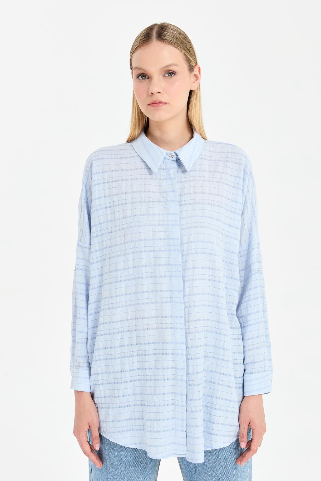 Ekose Coton Rahat Gömlek - MAVİ