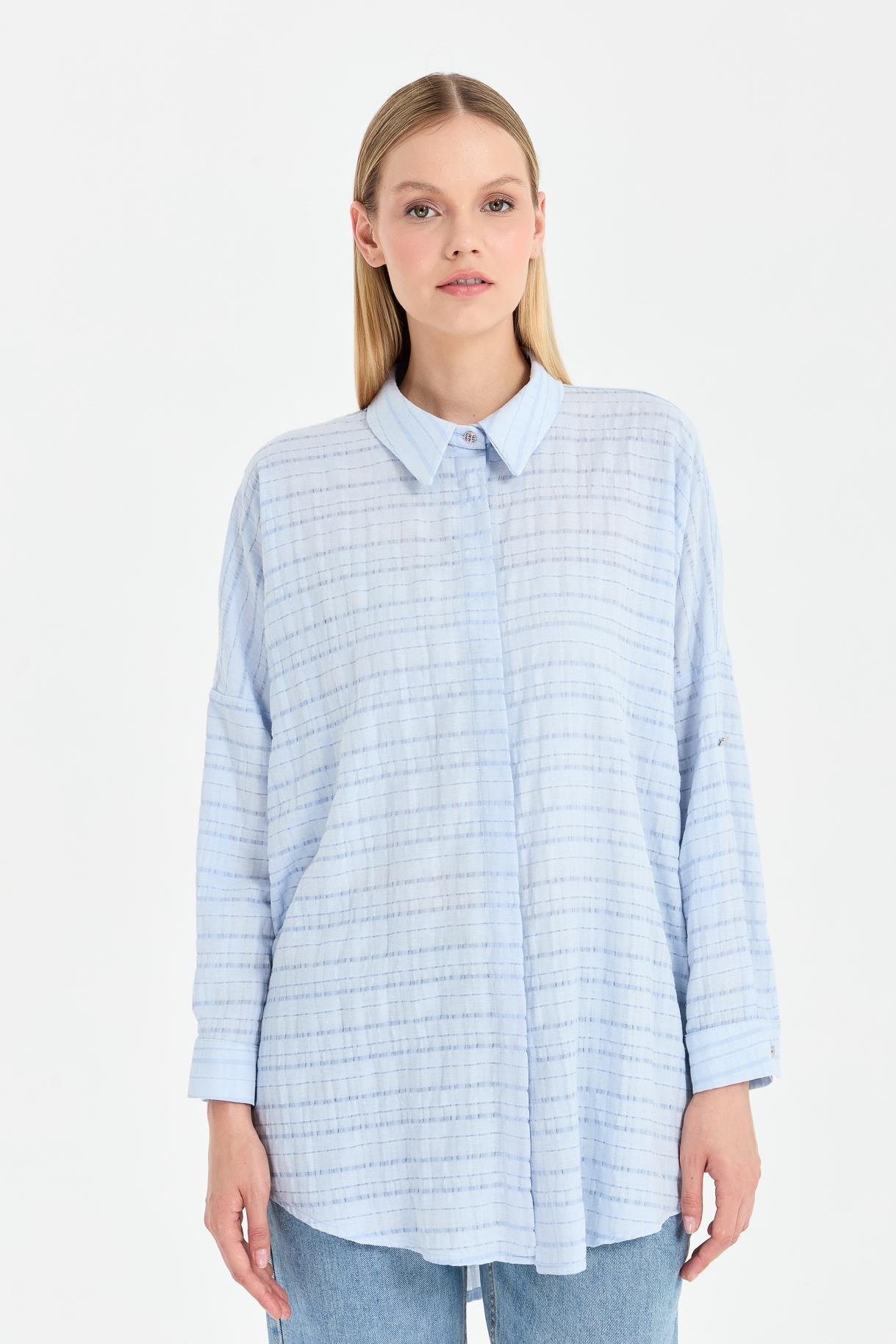 Ekose Coton Rahat Gömlek - MAVİ