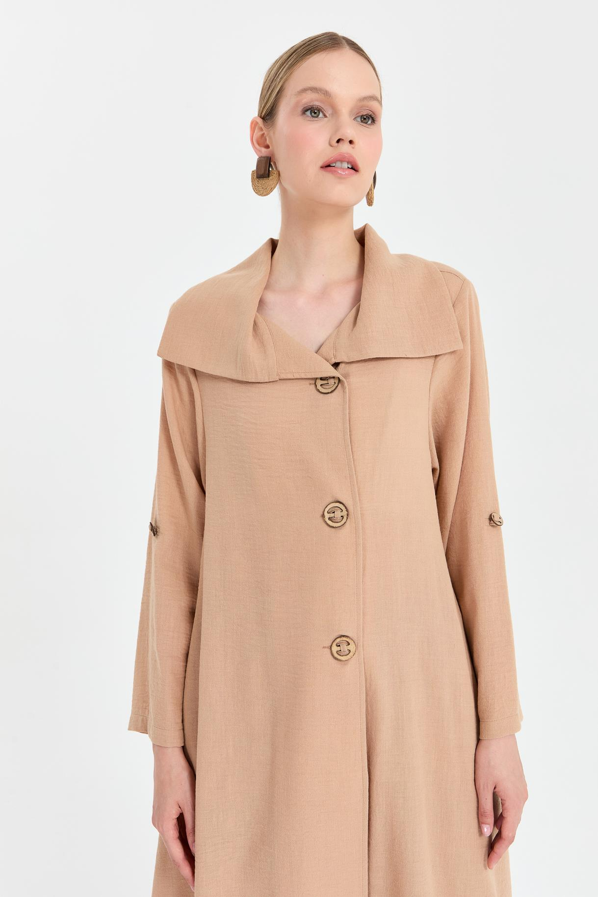 Eteği Detaylı Keten Uzun Ferace - CAMEL