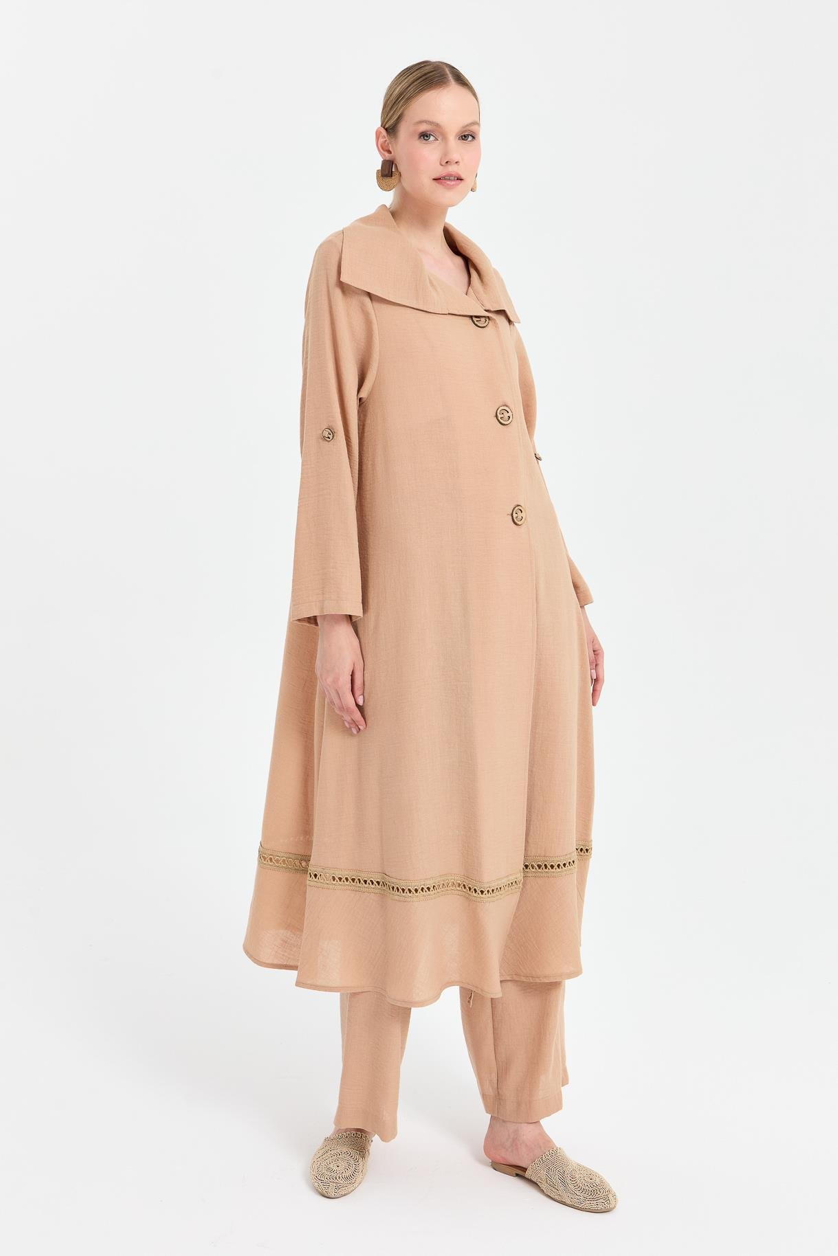 Eteği Detaylı Keten Uzun Ferace - CAMEL