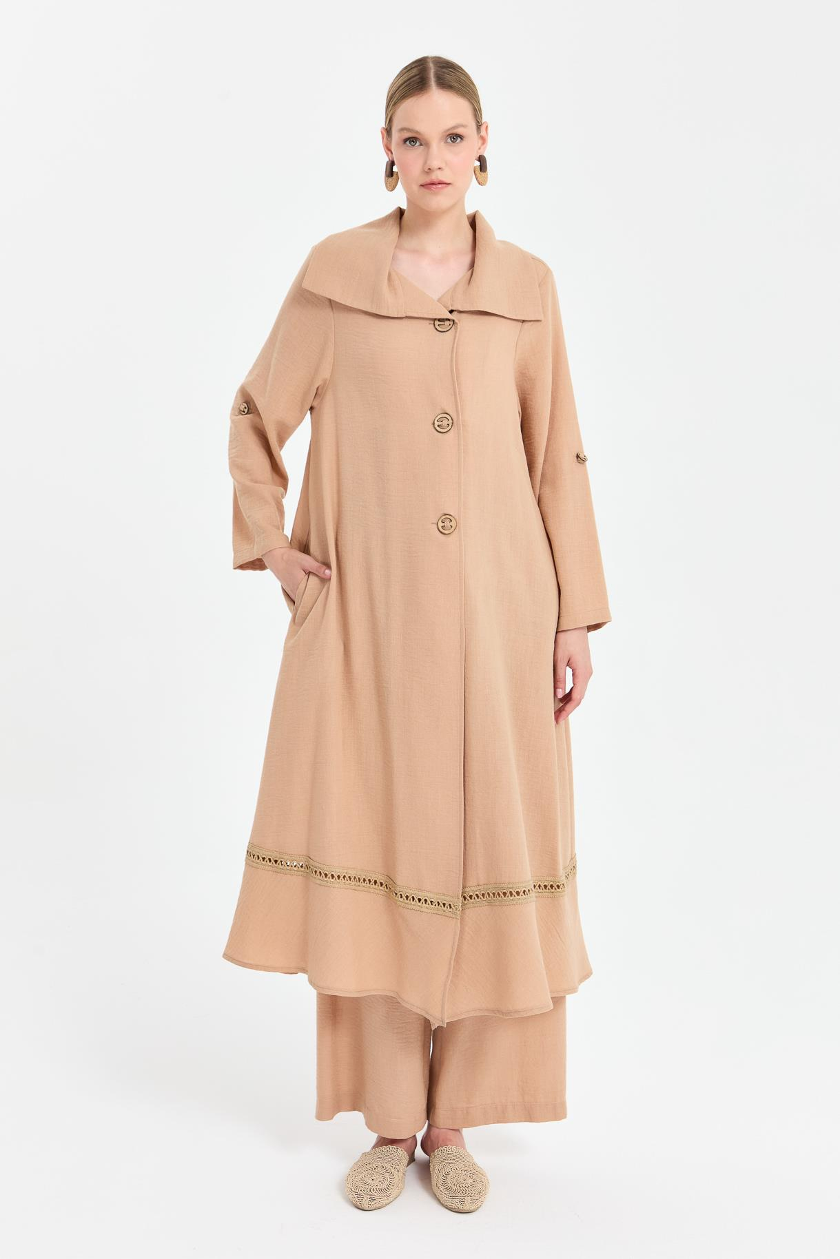 Eteği Detaylı Keten Uzun Ferace - CAMEL