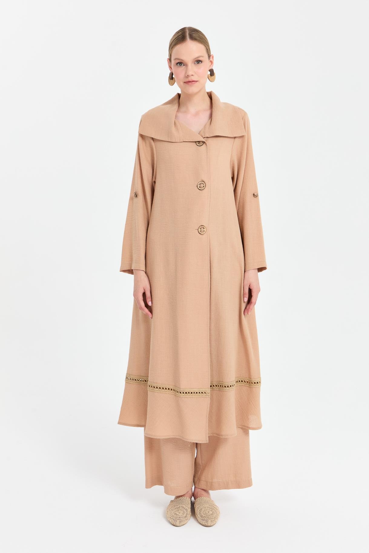 Eteği Detaylı Keten Uzun Ferace - CAMEL