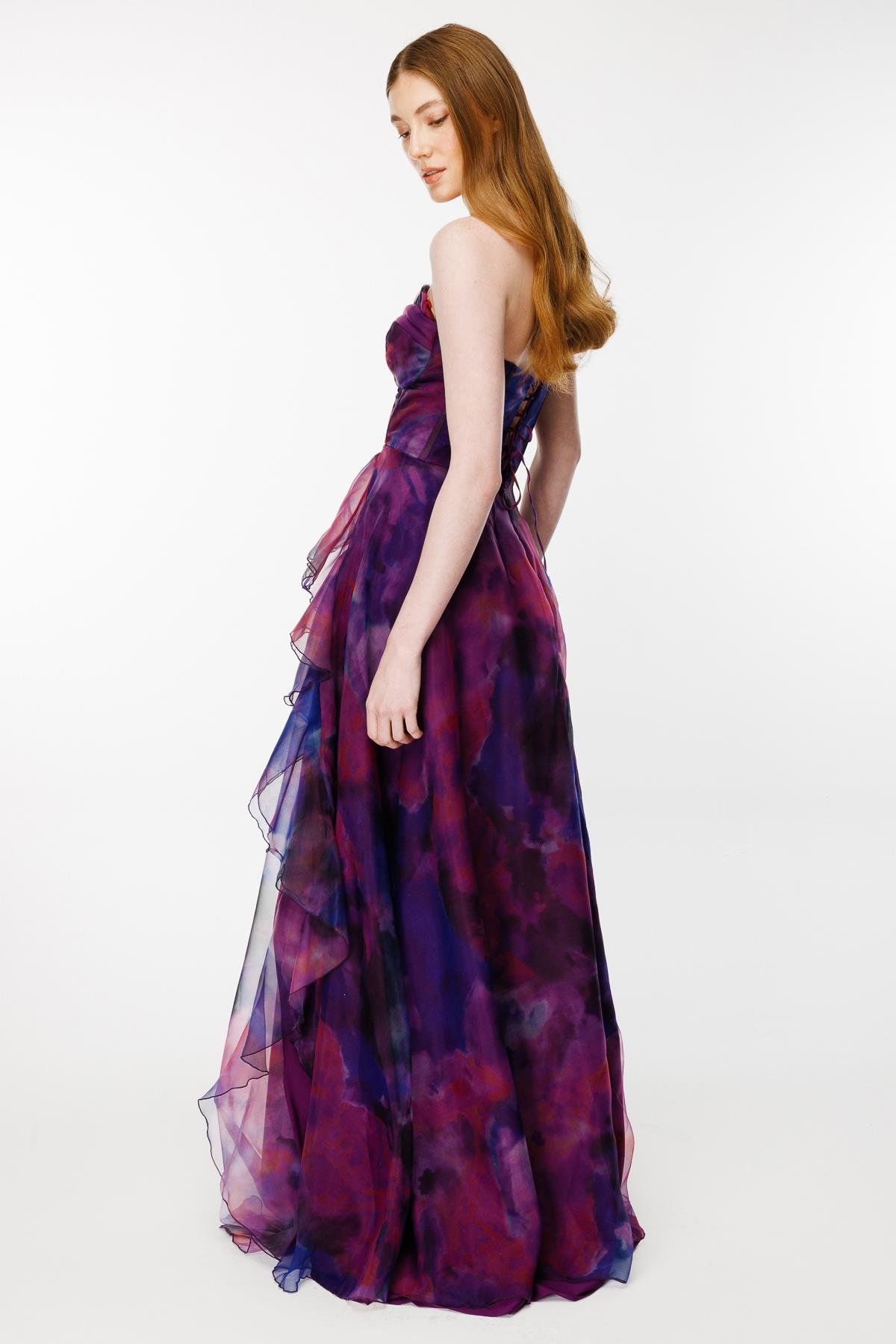 Eteği Volanlı Renk Geçişli Straplez Abiye - MOR