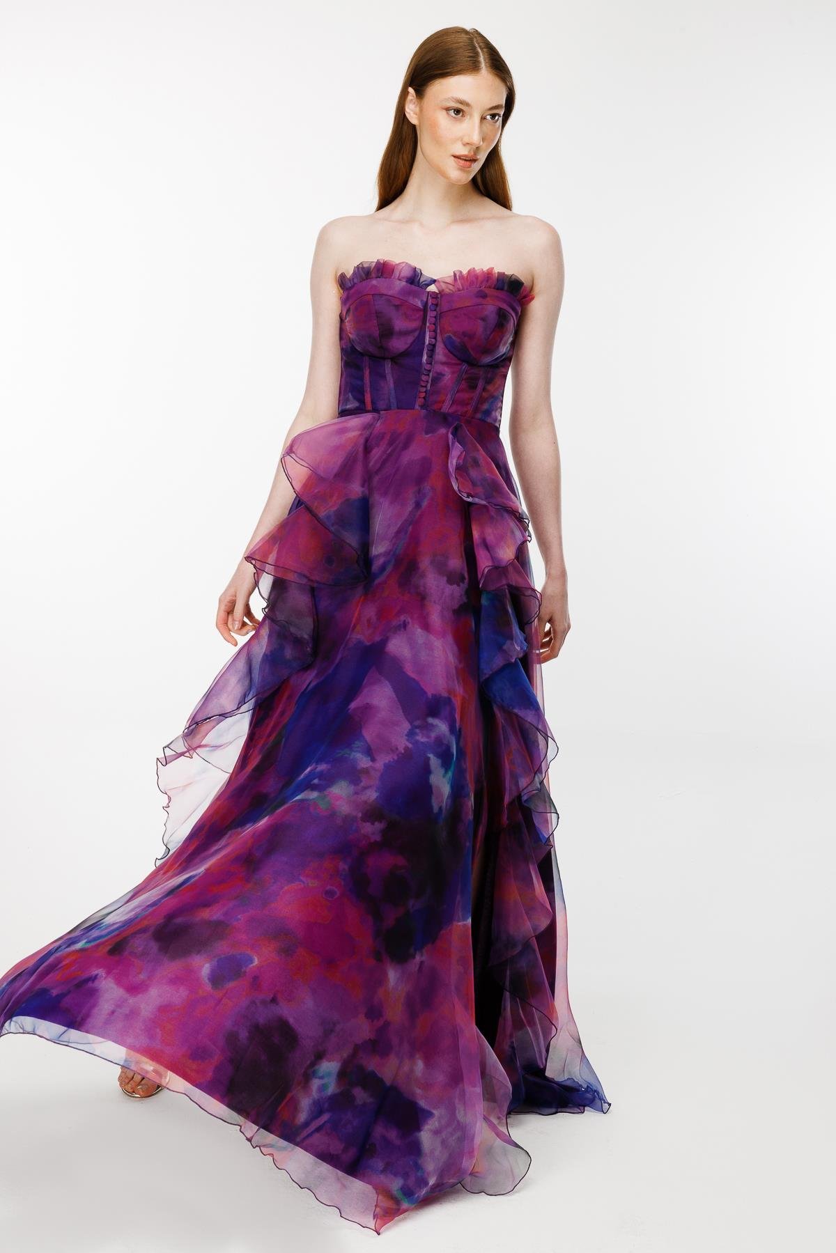 Eteği Volanlı Renk Geçişli Straplez Abiye - MOR