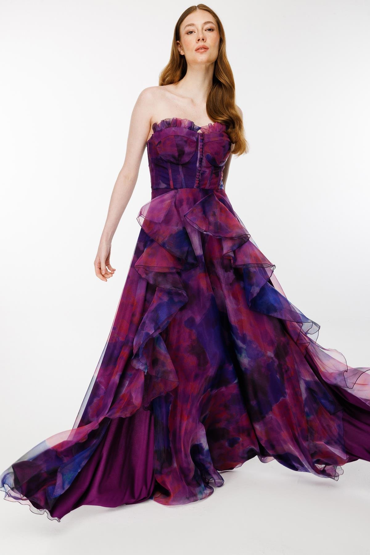 Eteği Volanlı Renk Geçişli Straplez Abiye - MOR