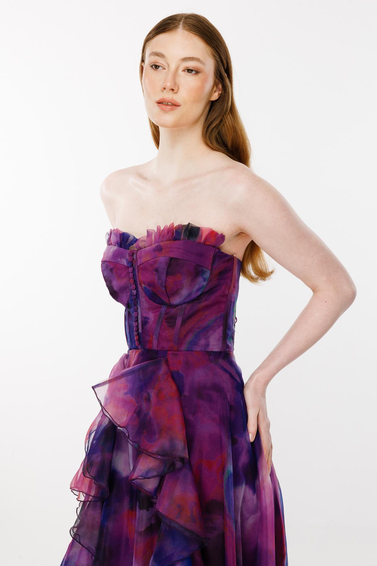 Eteği Volanlı Renk Geçişli Straplez Abiye - MOR