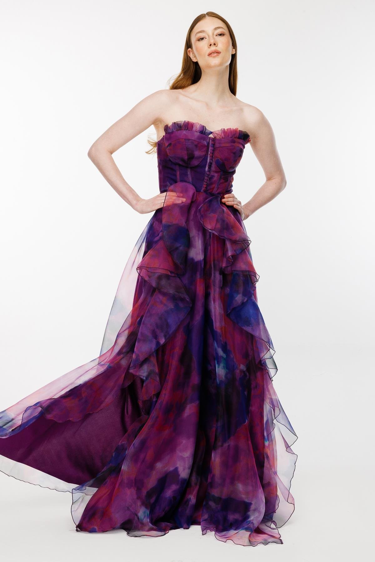 Eteği Volanlı Renk Geçişli Straplez Abiye - MOR