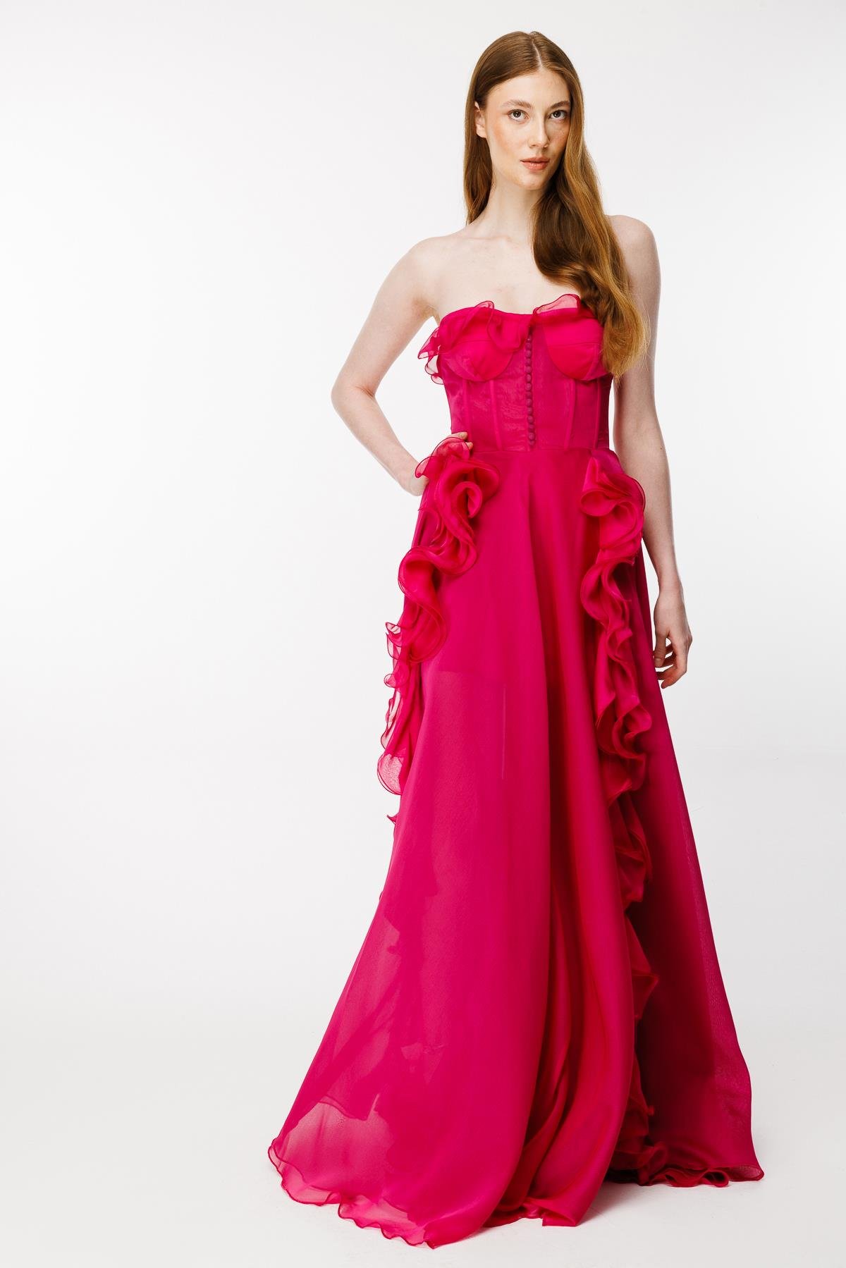 Eteği Volanlı Straplez Abiye - FUJYA