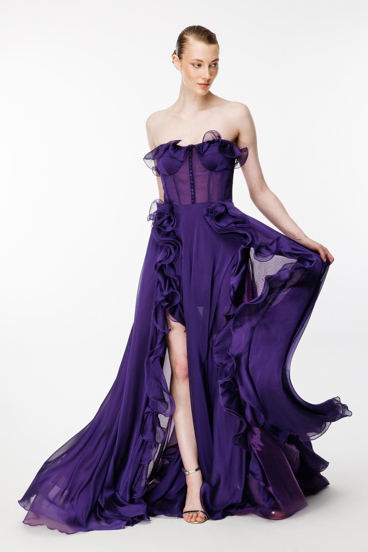 Eteği Volanlı Straplez Abiye - MOR