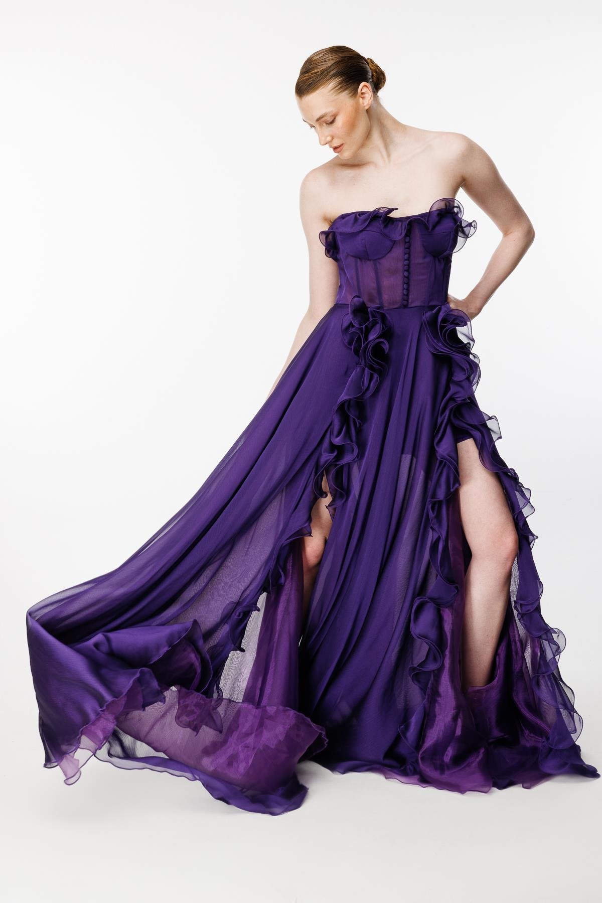 Eteği Volanlı Straplez Abiye - MOR