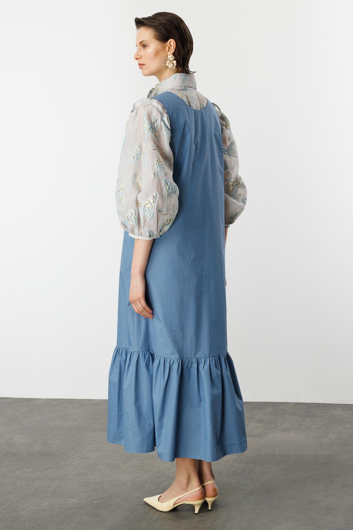 Eteği Volanlı Uzun Elbise-İNDİGO