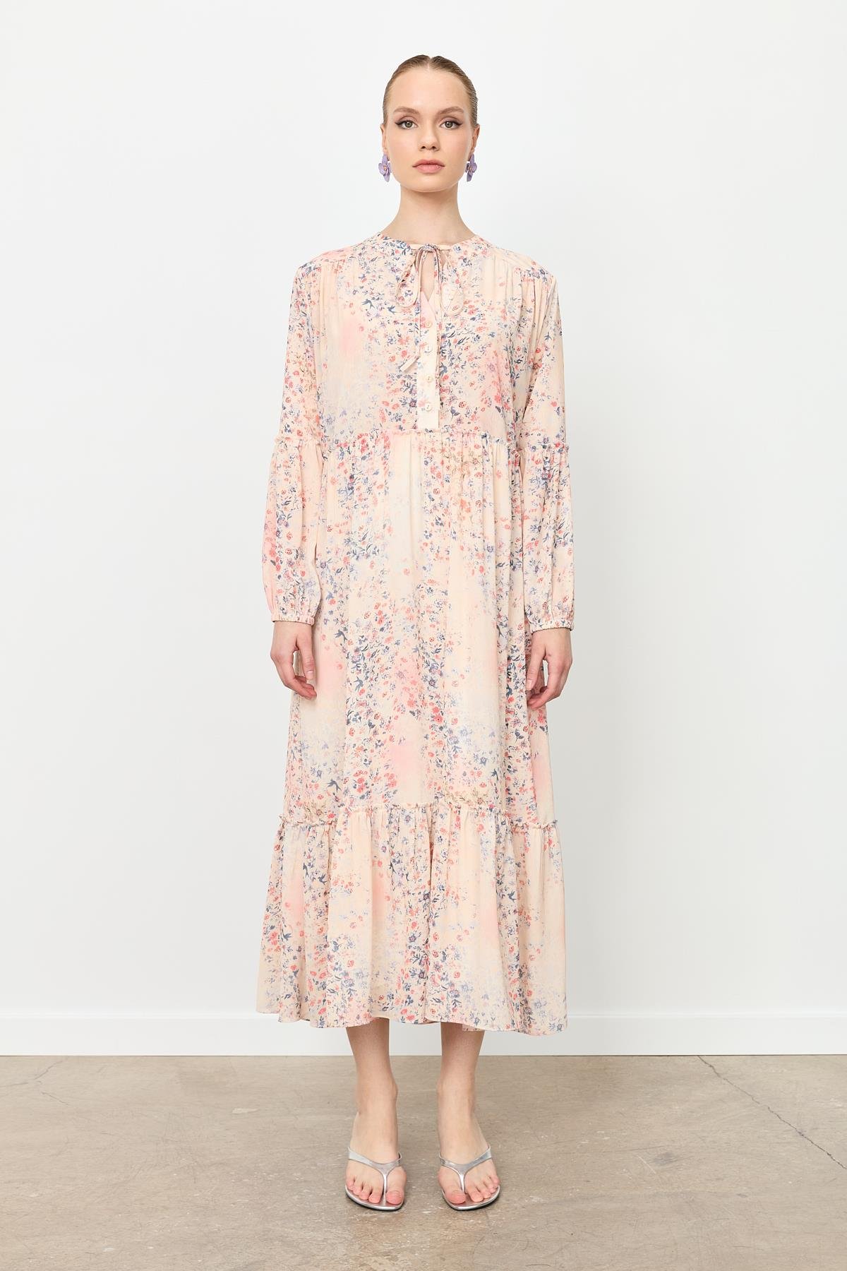 Eteği Volanlı Uzun Şifon Elbise-KIRMIZI