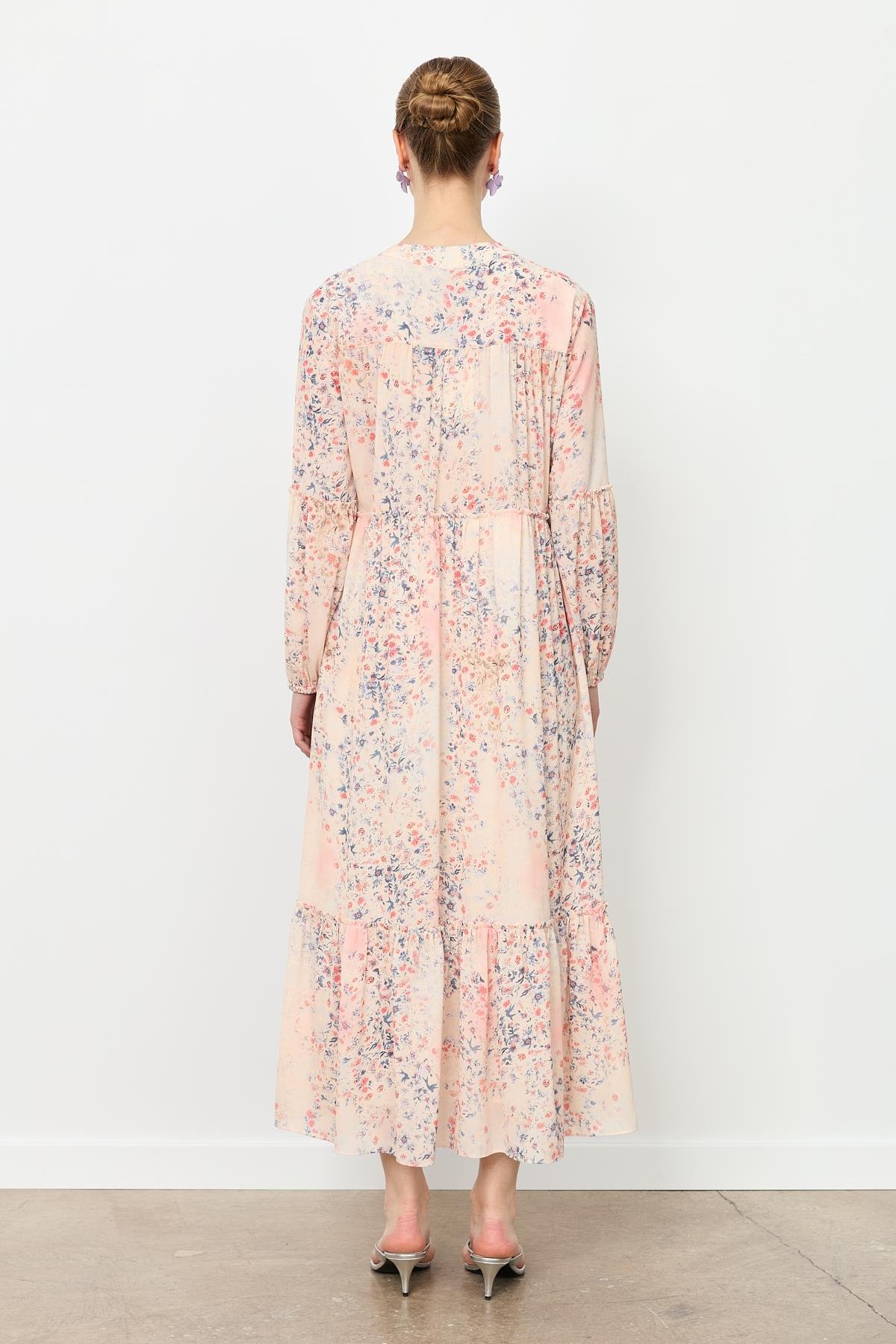 Eteği Volanlı Uzun Şifon Elbise-KIRMIZI