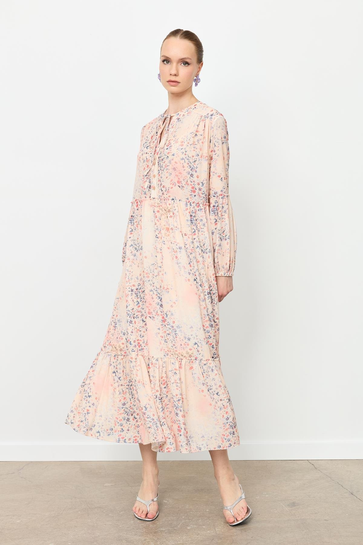 Eteği Volanlı Uzun Şifon Elbise-KIRMIZI