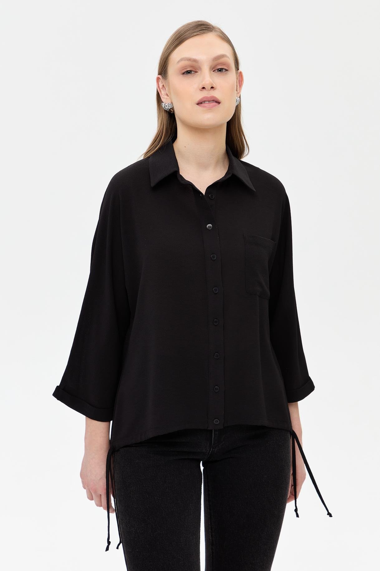 Etek Ucu Büzgülü Gömlek - SİYAH