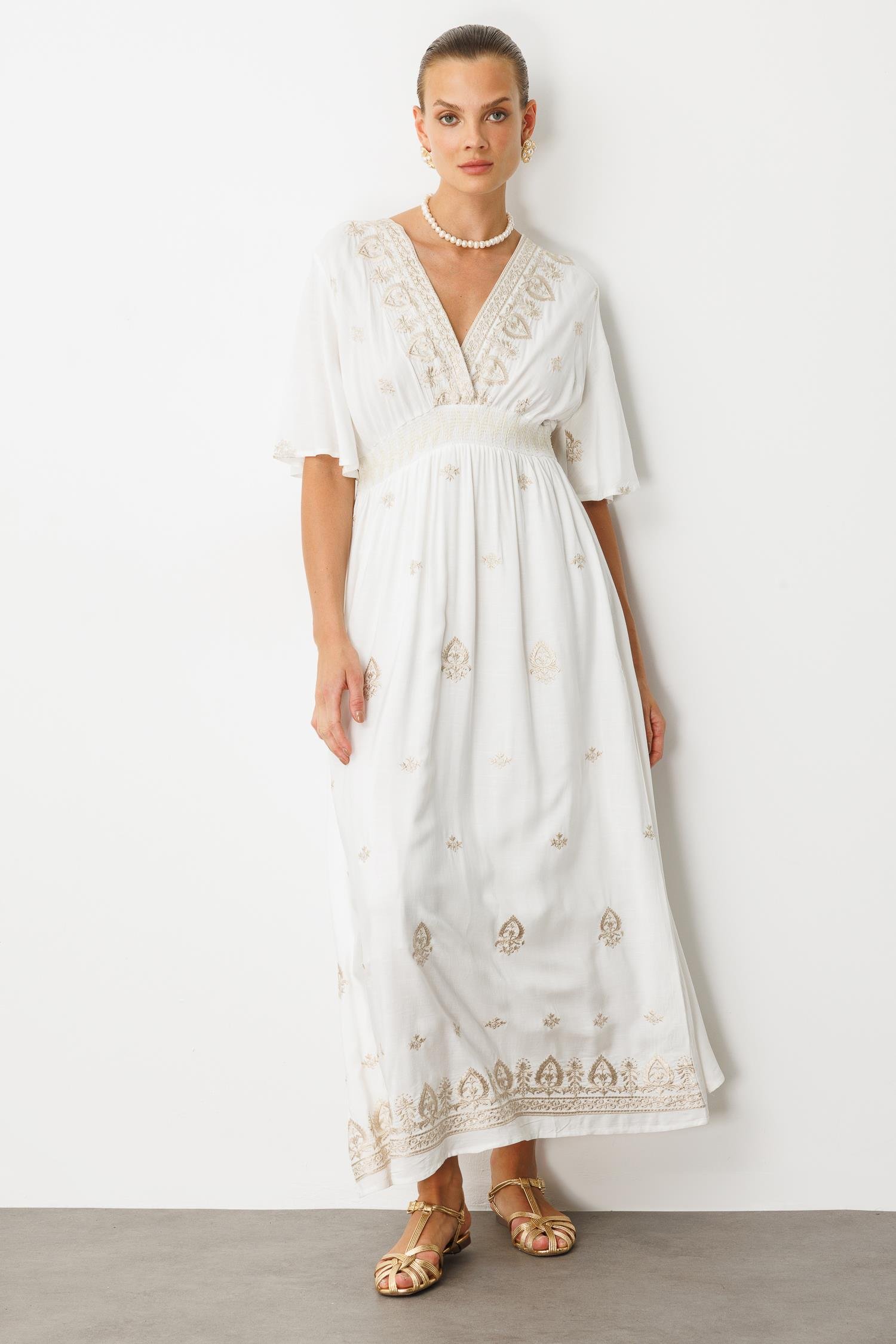 Etnik Desen İşlemeli Uzun Elbise-EKRU