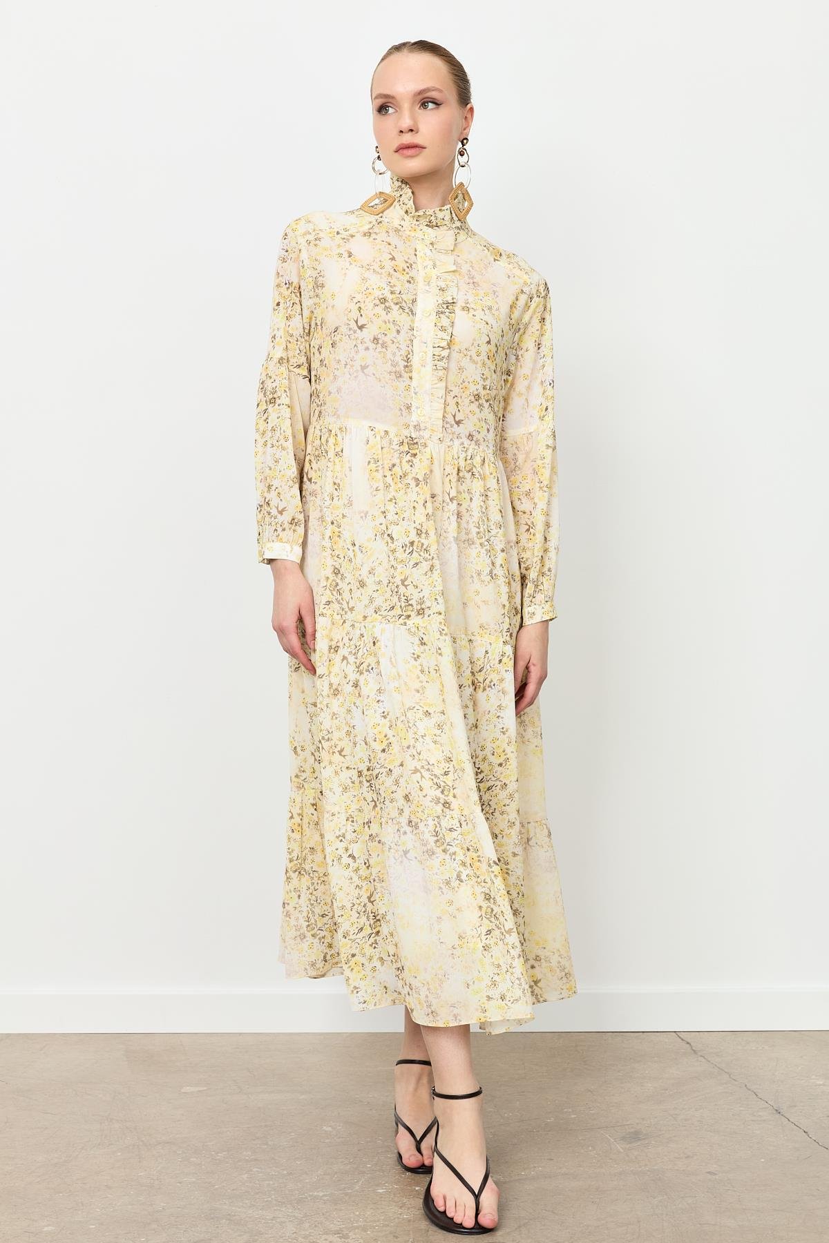 Farbela Detaylı Uzun Şifon Elbise-SARI