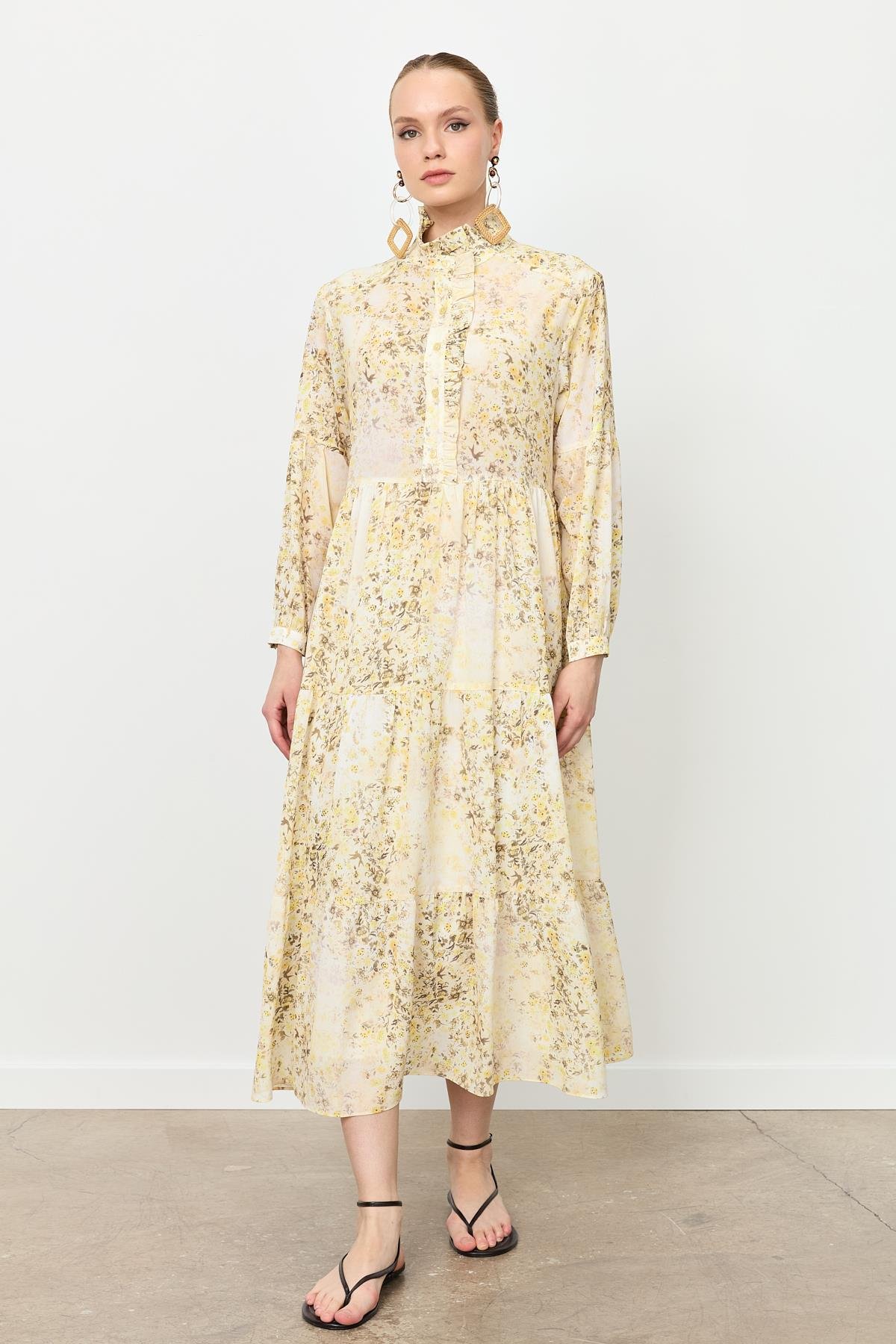 Farbela Detaylı Uzun Şifon Elbise-SARI