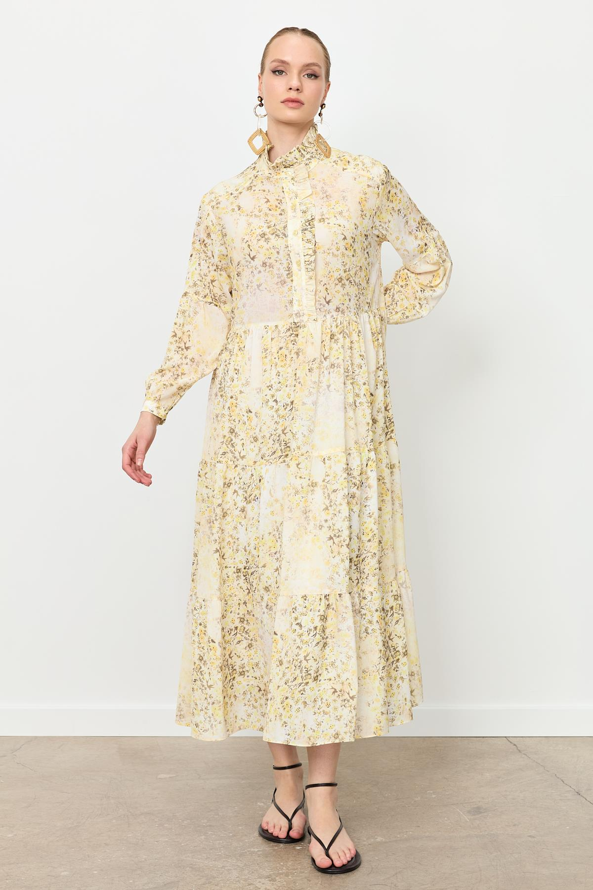 Farbela Detaylı Uzun Şifon Elbise-SARI