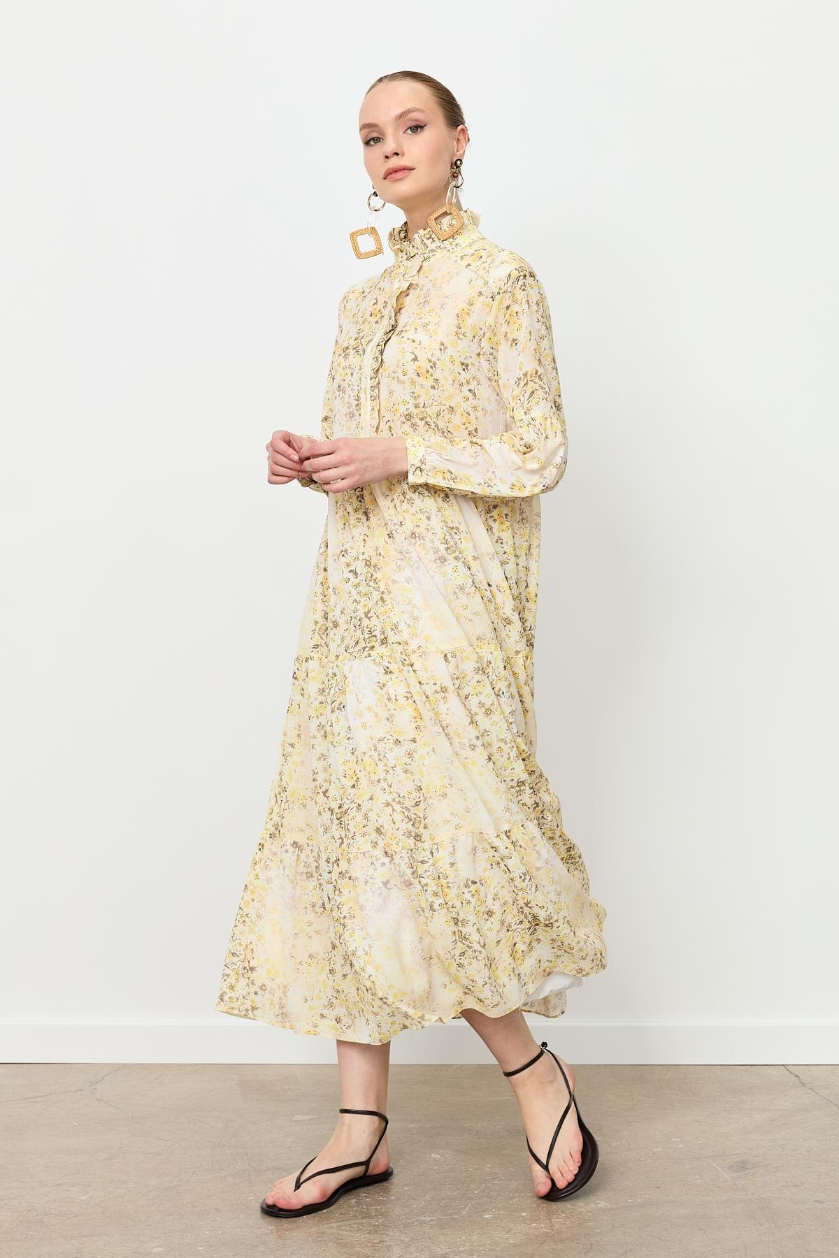 Farbela Detaylı Uzun Şifon Elbise-SARI