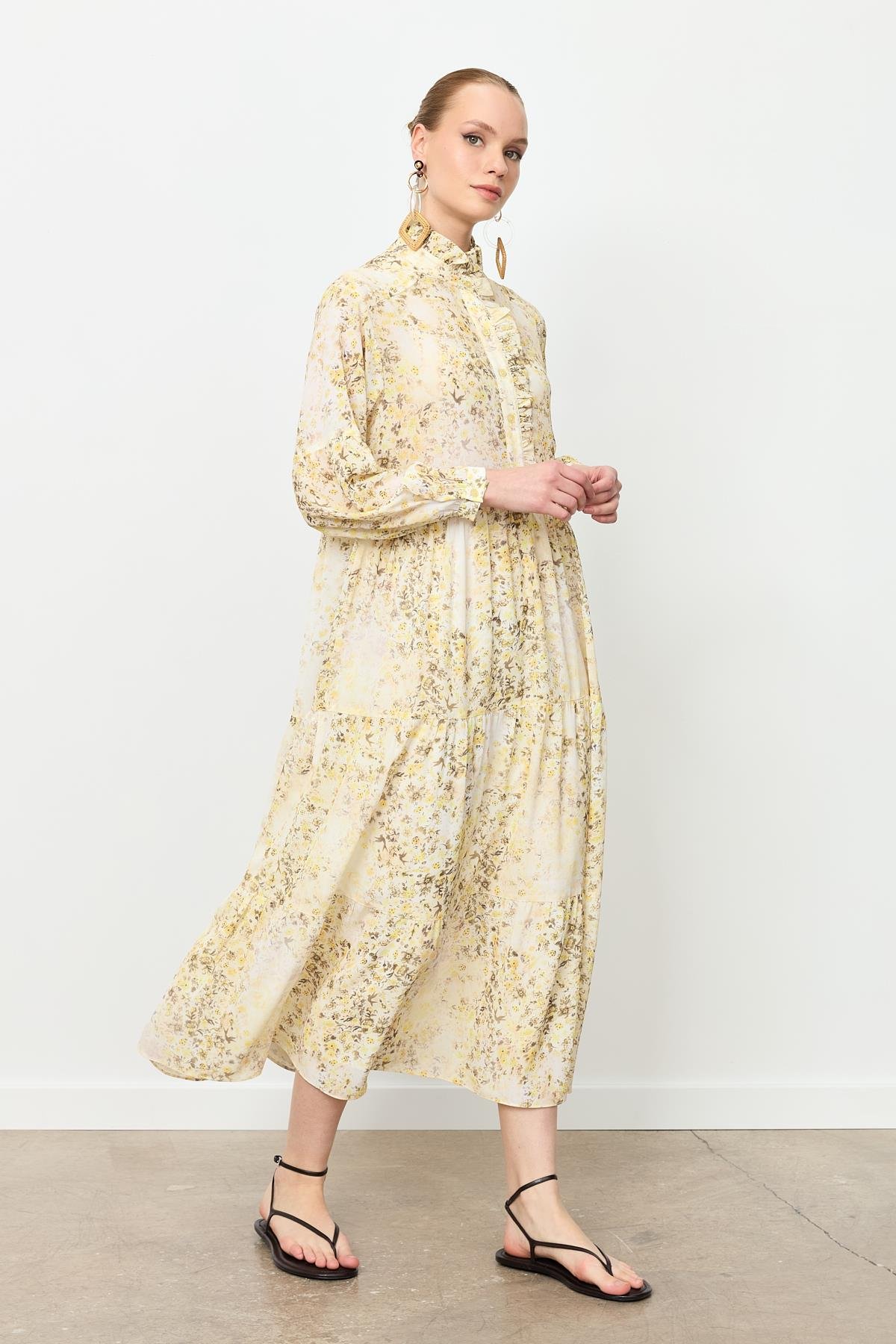 Farbela Detaylı Uzun Şifon Elbise-SARI