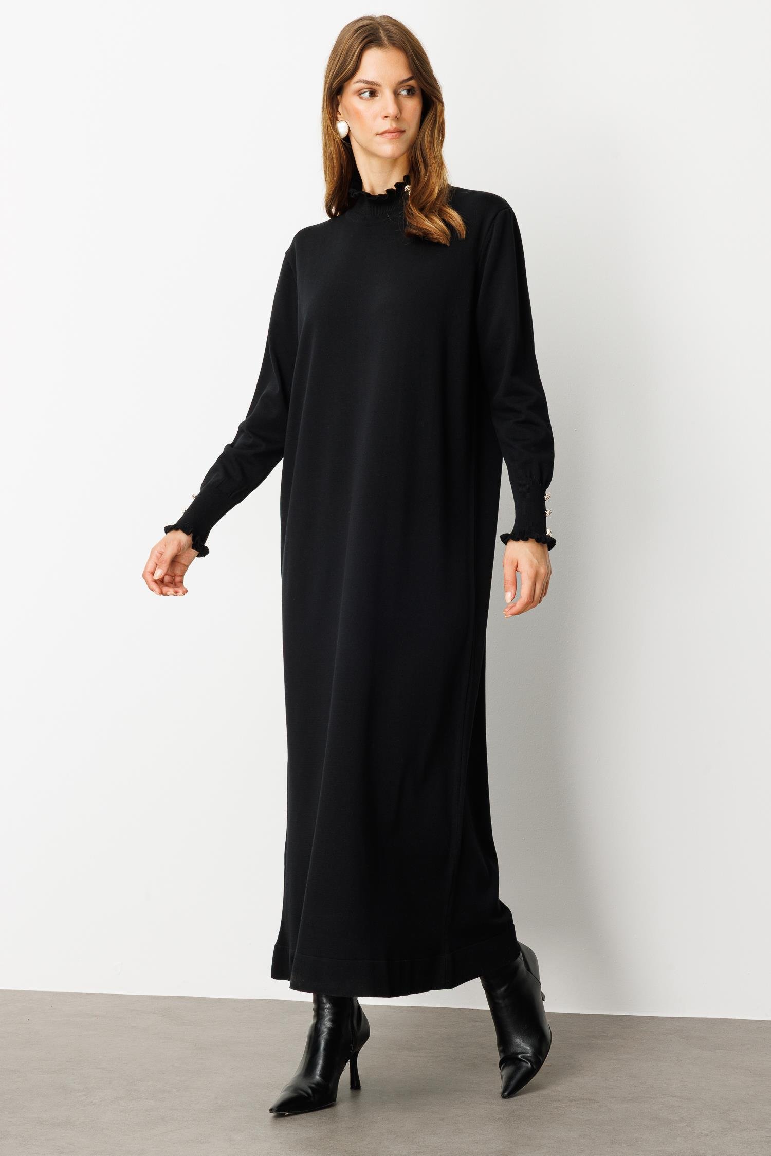 Farbela Detaylı Uzun Triko Elbise-SİYAH