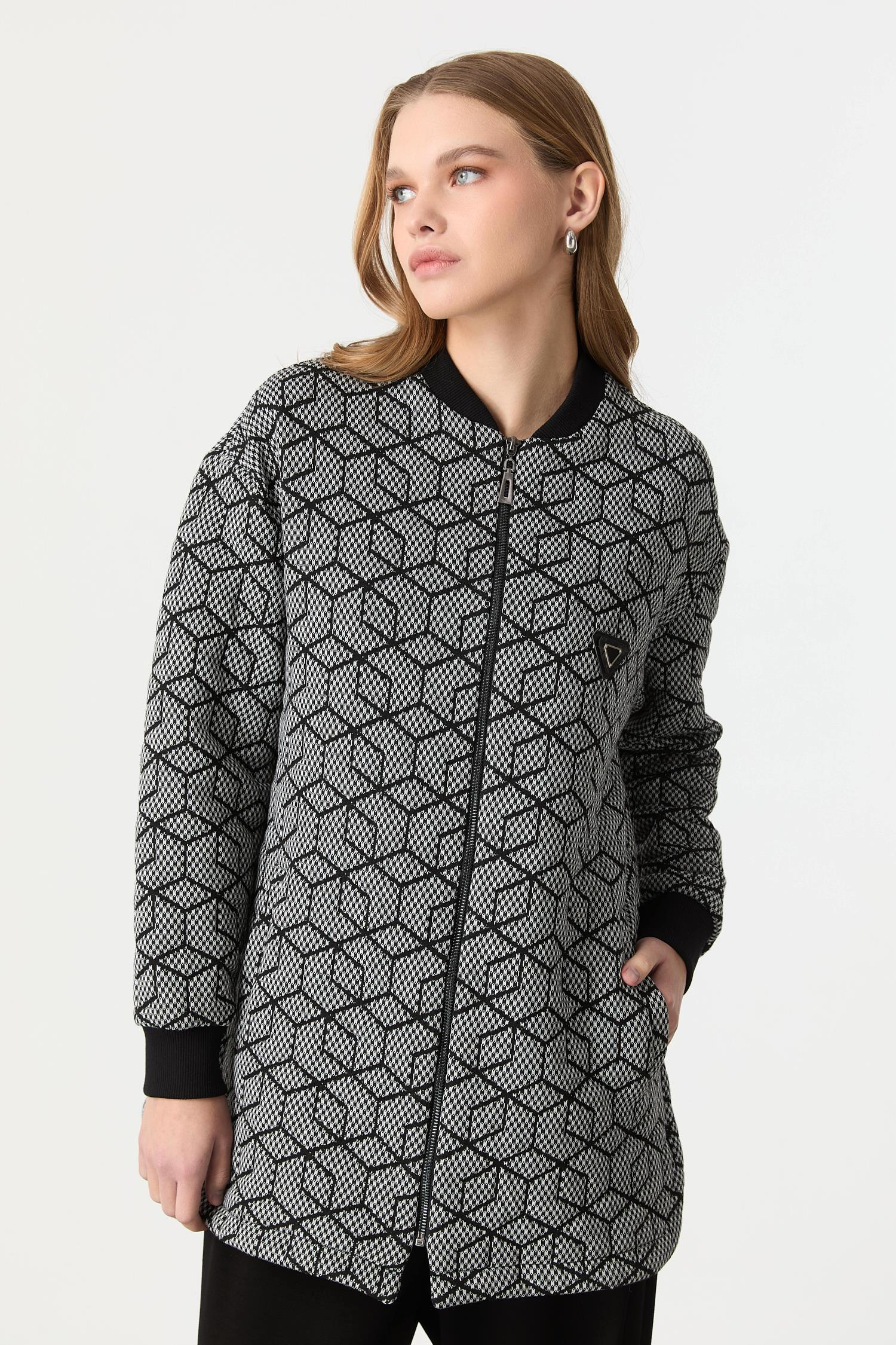 Fermuar Detaylı Dokuma Tunik Ceket-SİYAH