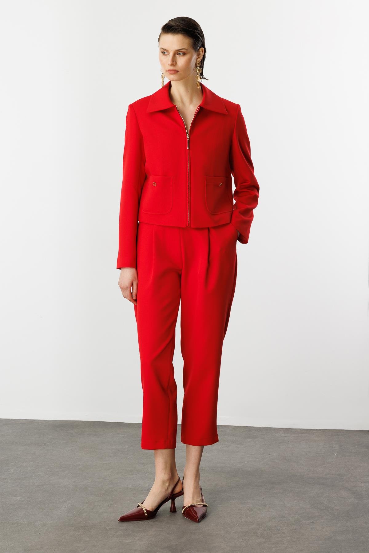 Fermuar Detaylı Kısa Ceket-KIRMIZI