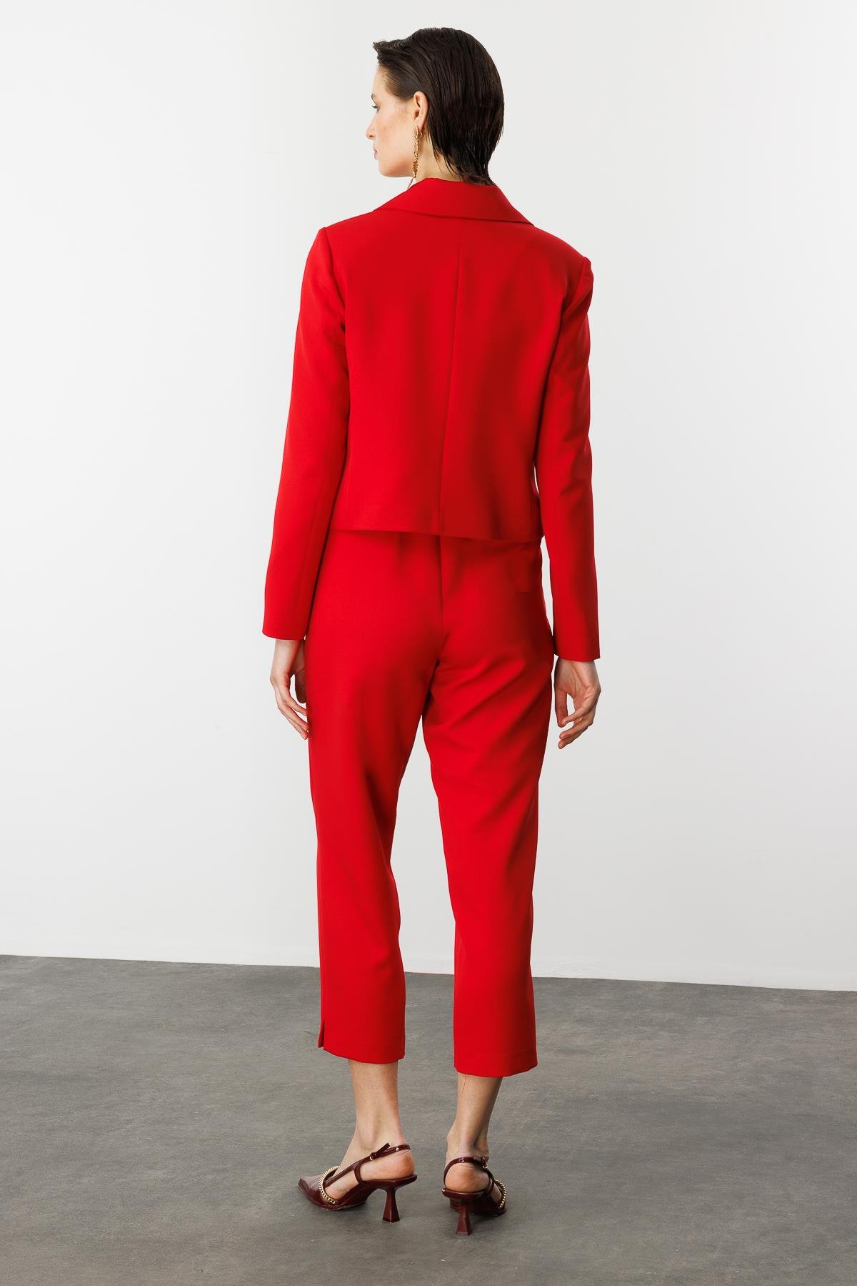 Fermuar Detaylı Kısa Ceket-KIRMIZI