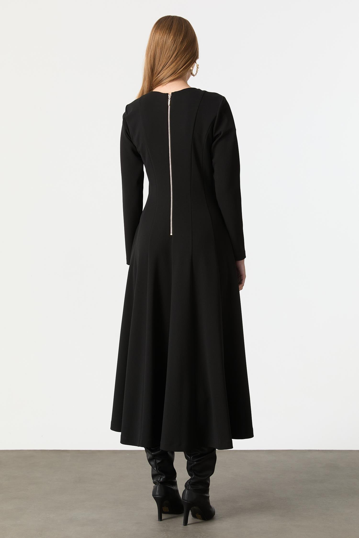 Fermuar Kombinli Krep Elbise-SİYAH