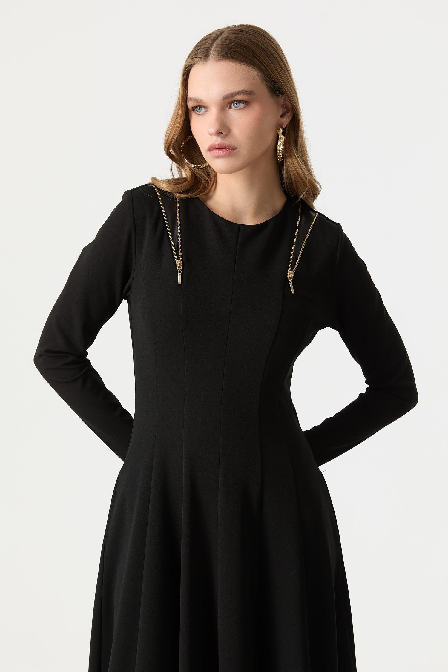 Fermuar Kombinli Krep Elbise-SİYAH