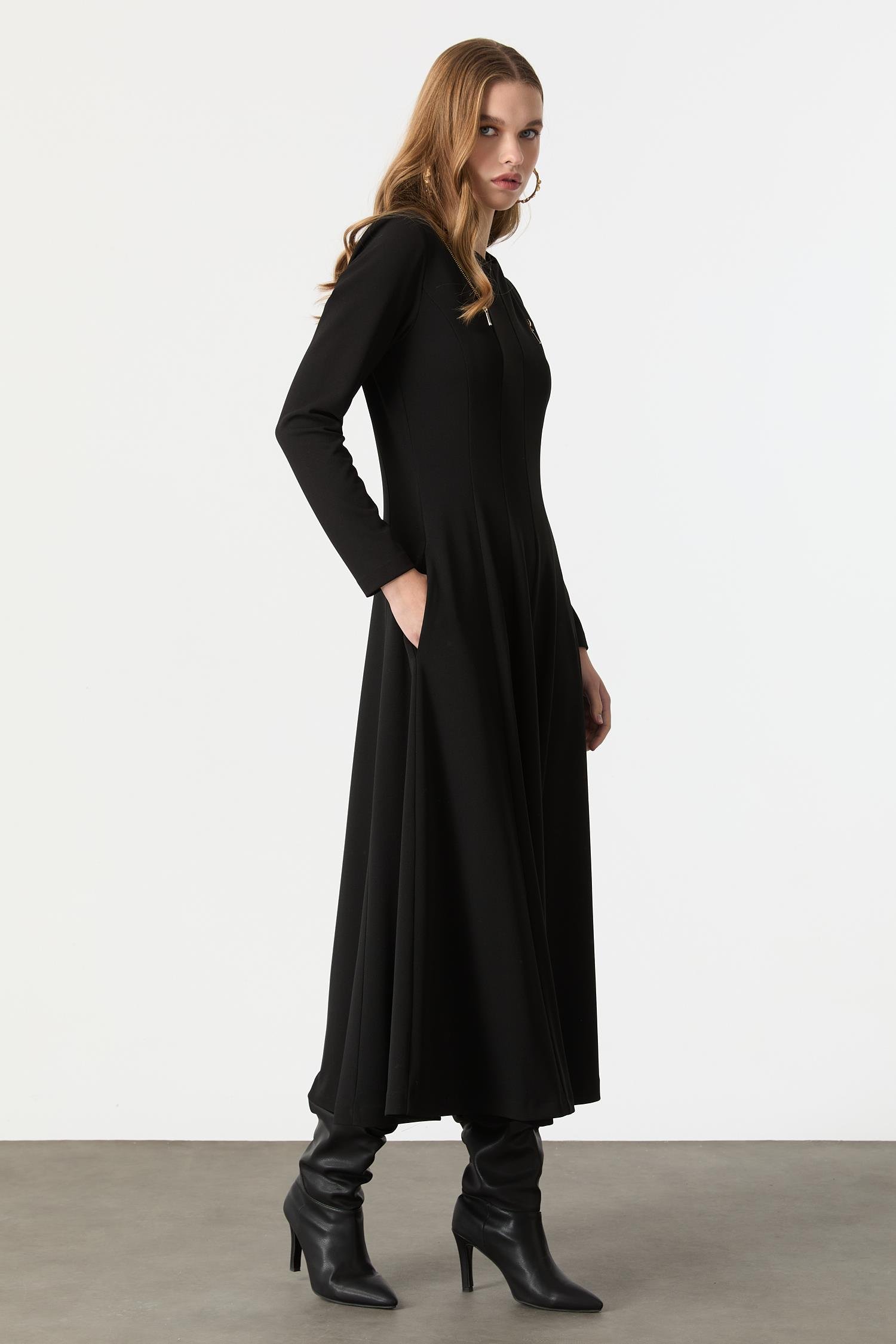 Fermuar Kombinli Krep Elbise-SİYAH