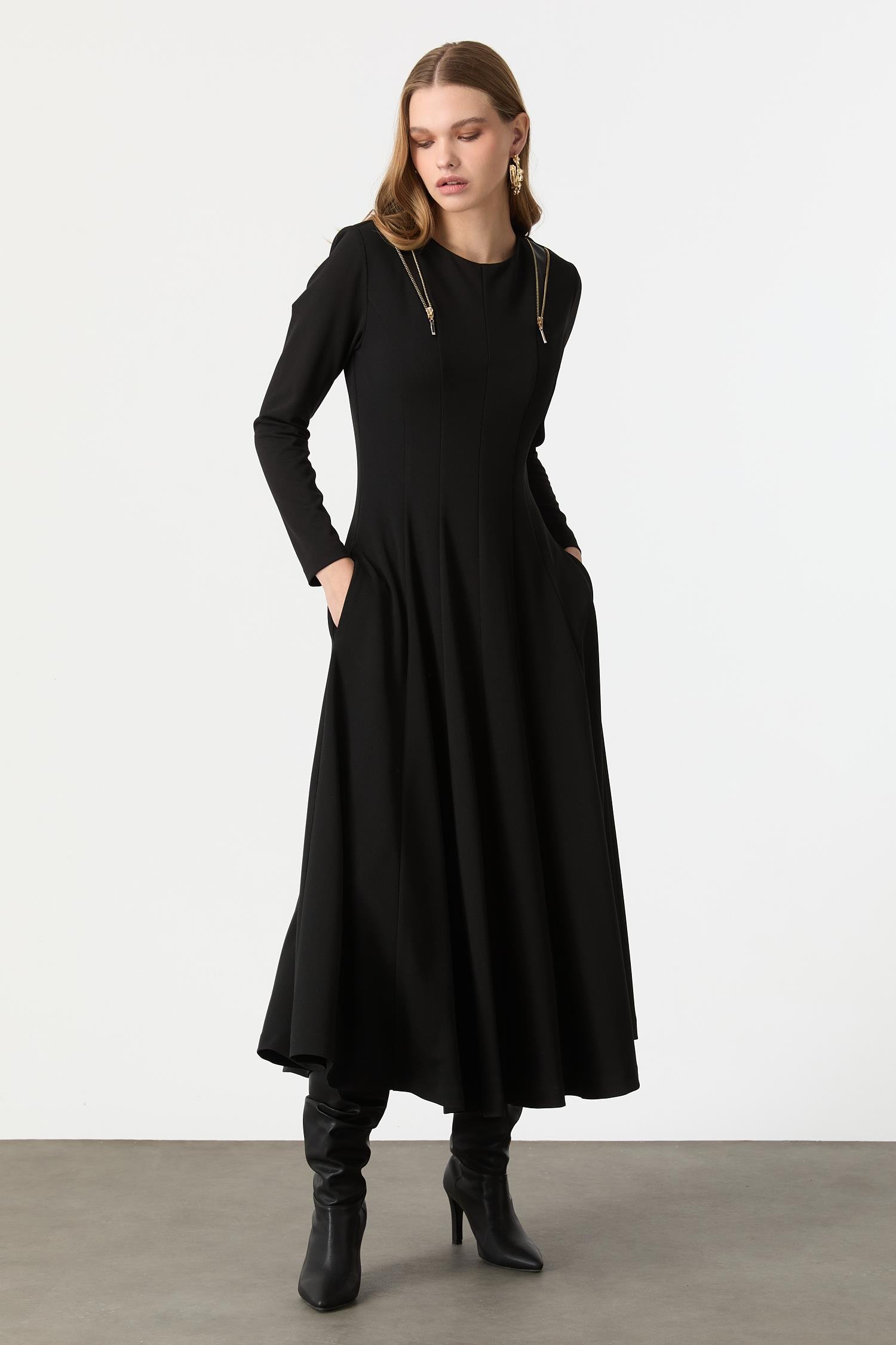 Fermuar Kombinli Krep Elbise-SİYAH