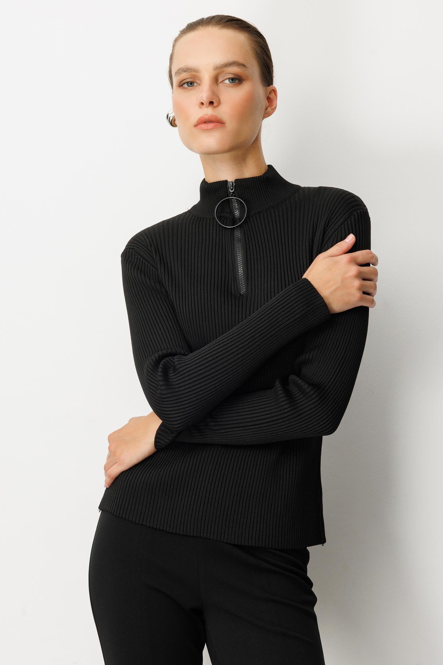 Fermuar Yaka Yarım Balıkçı Triko Kazak-SİYAH