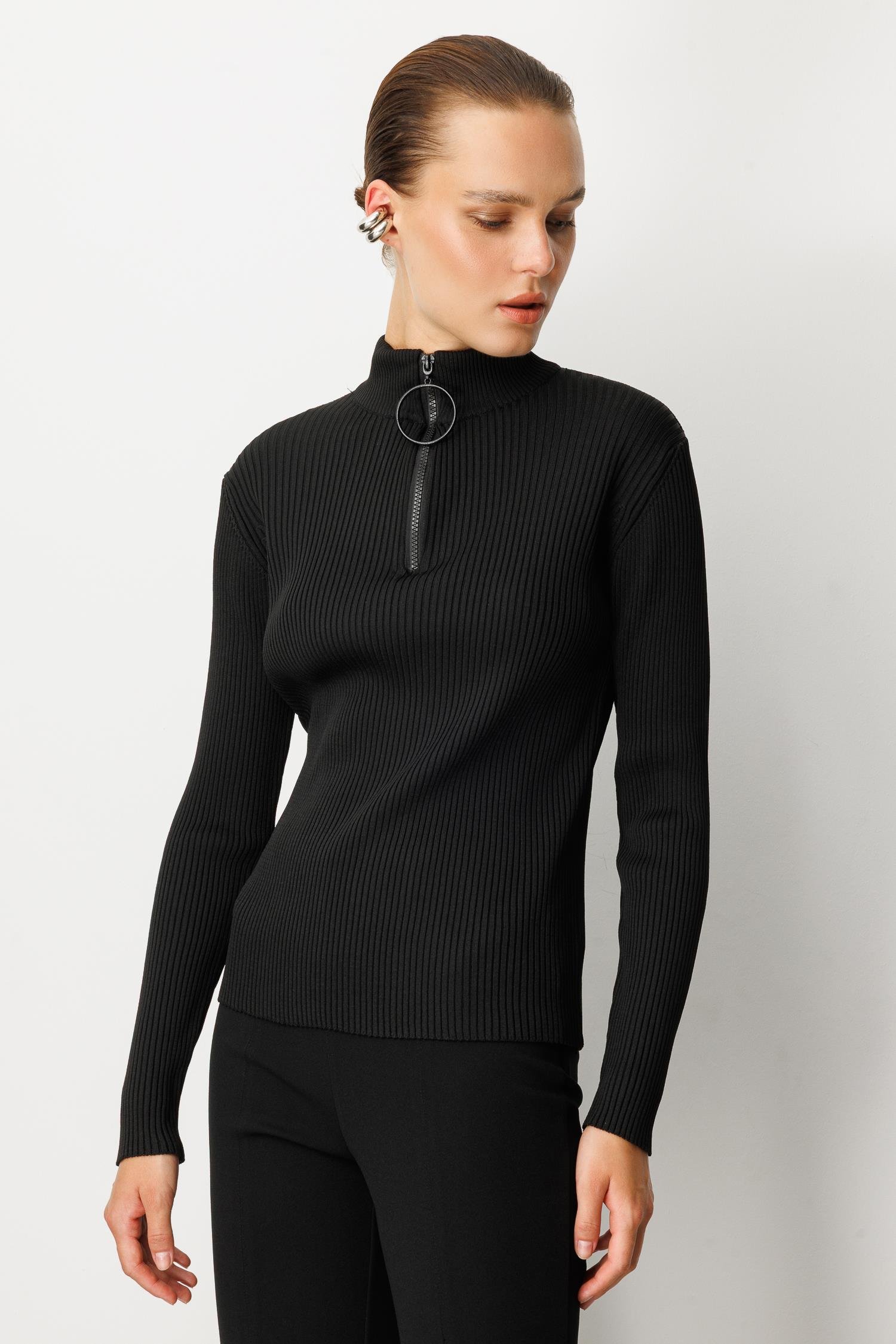 Fermuar Yaka Yarım Balıkçı Triko Kazak-SİYAH