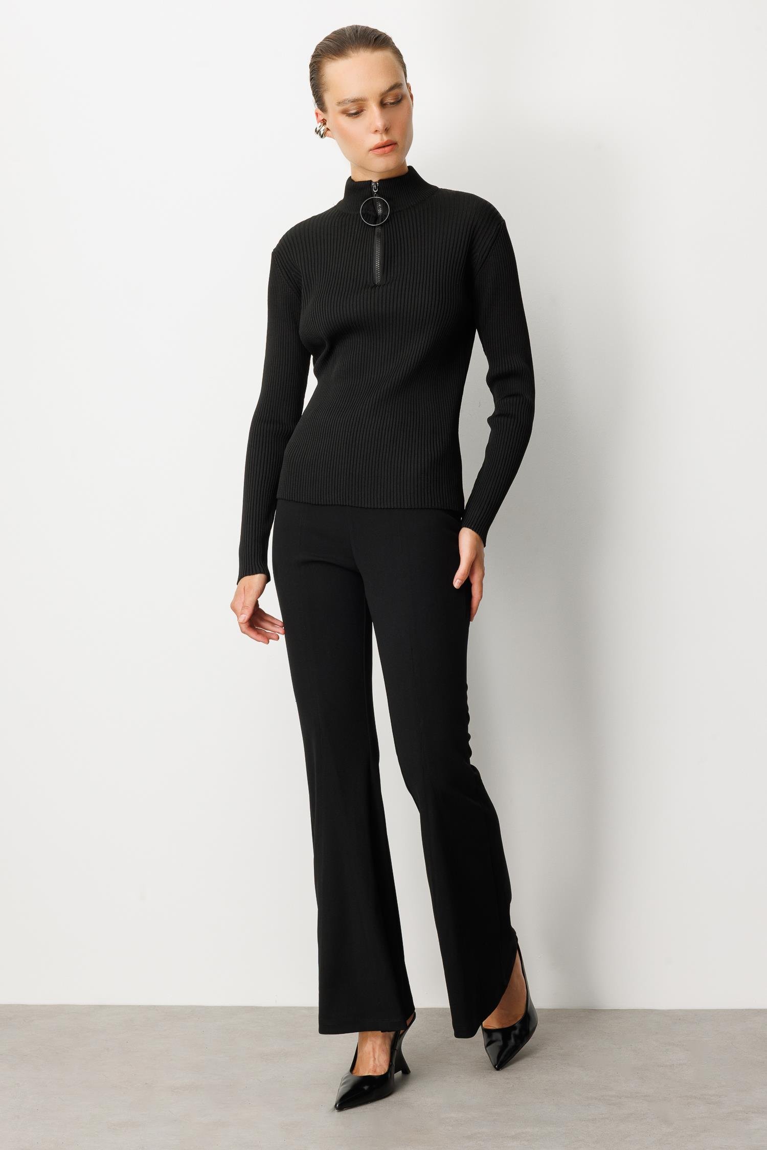 Fermuar Yaka Yarım Balıkçı Triko Kazak-SİYAH