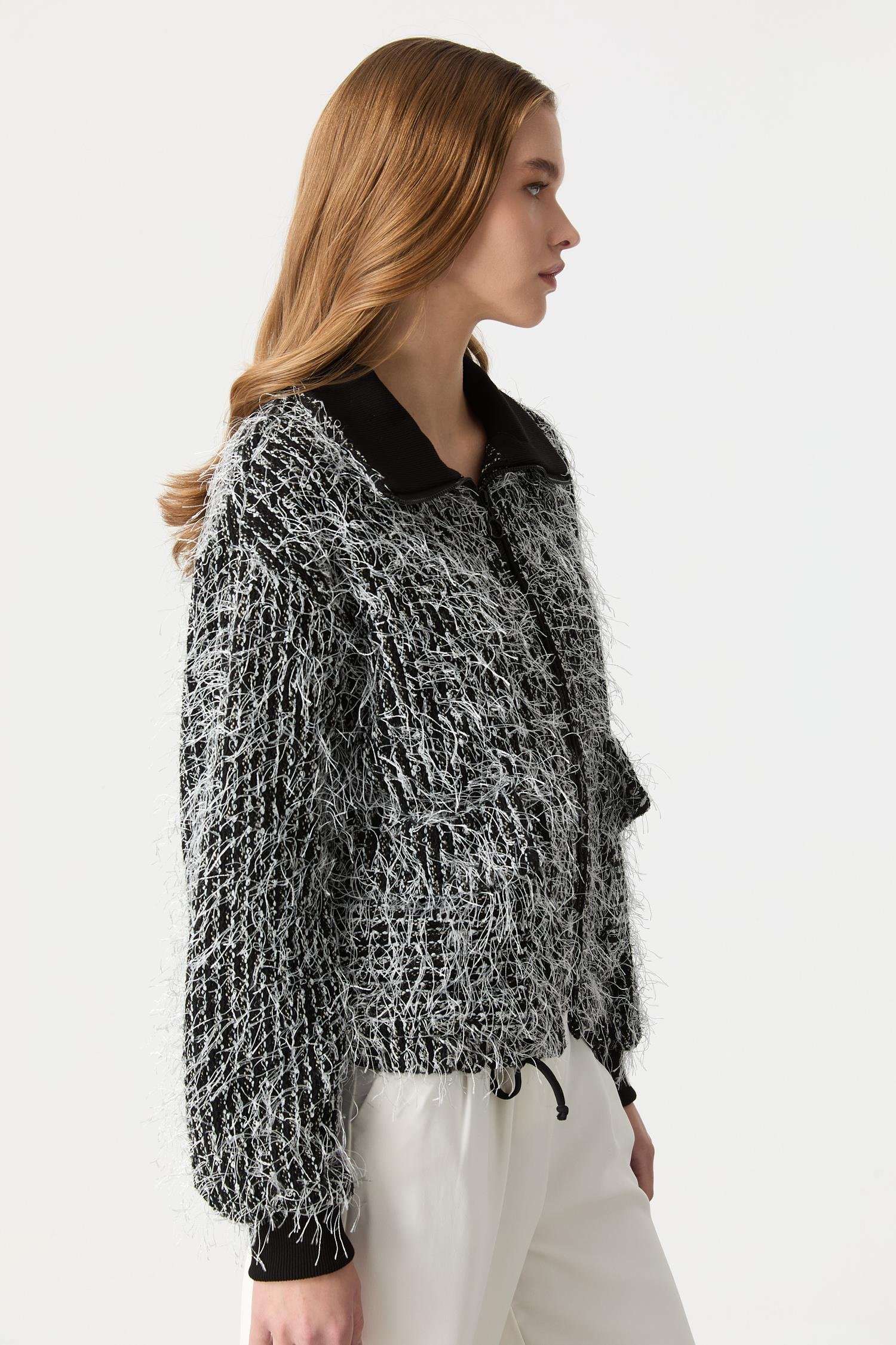 Fermuarlı Örme Bluz-SİYAH/BEYAZ