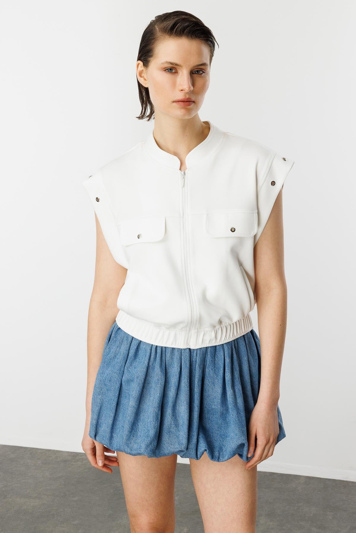 Fermuarlı Penye Yelek-KEMIK