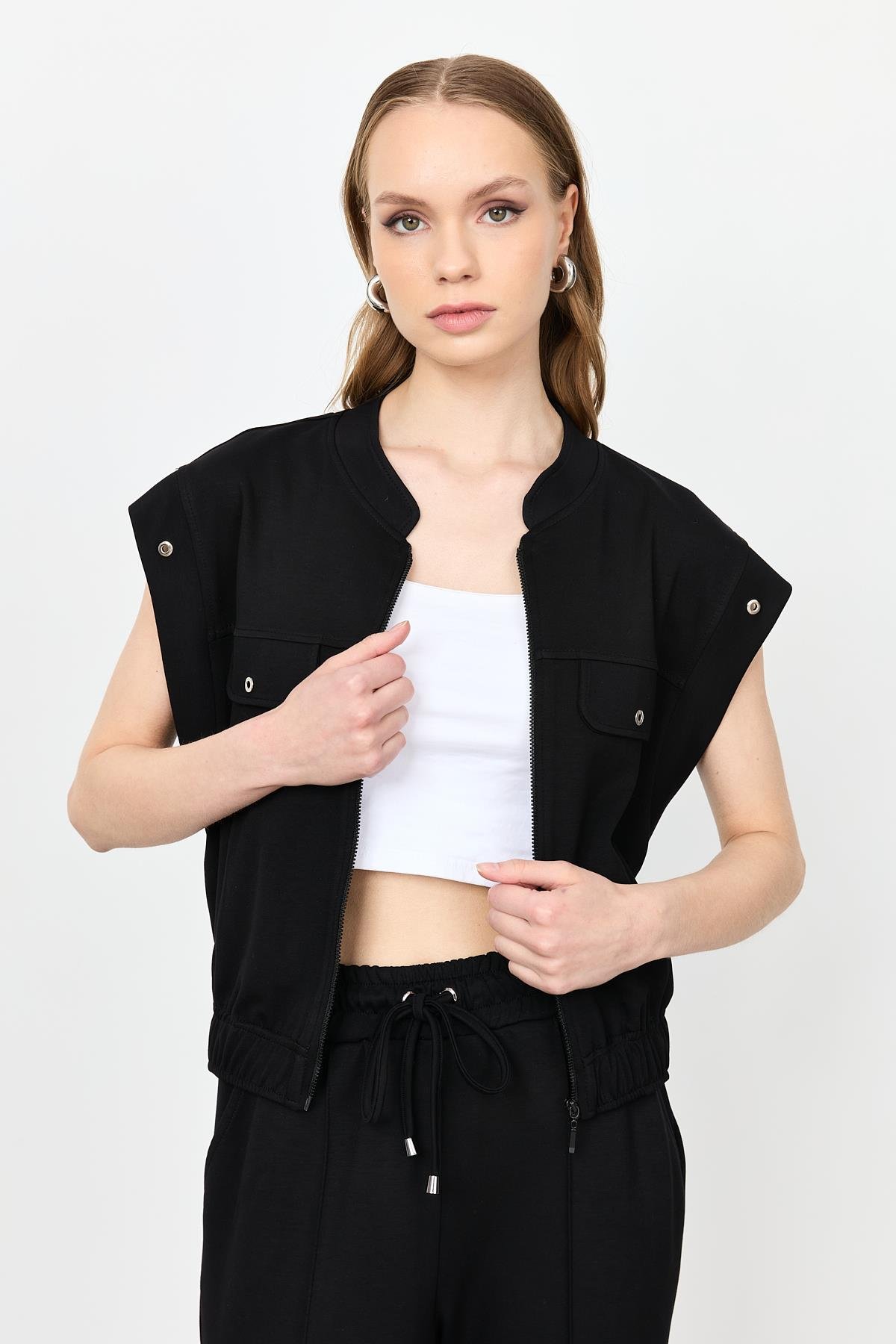 Fermuarlı Penye Yelek-SİYAH