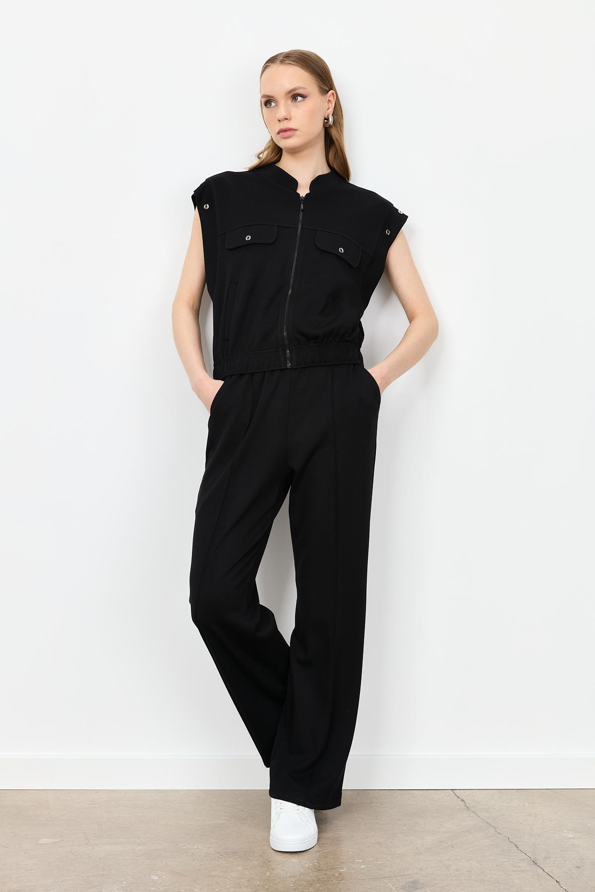 Fermuarlı Penye Yelek-SİYAH