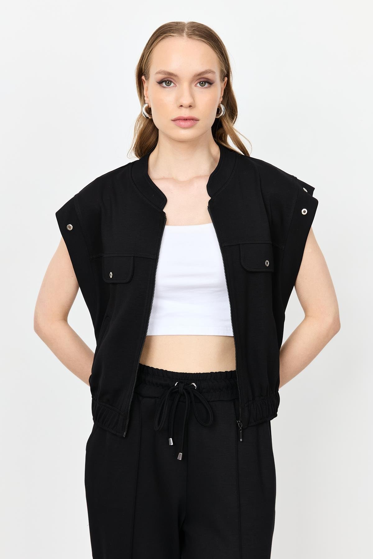 Fermuarlı Penye Yelek-SİYAH