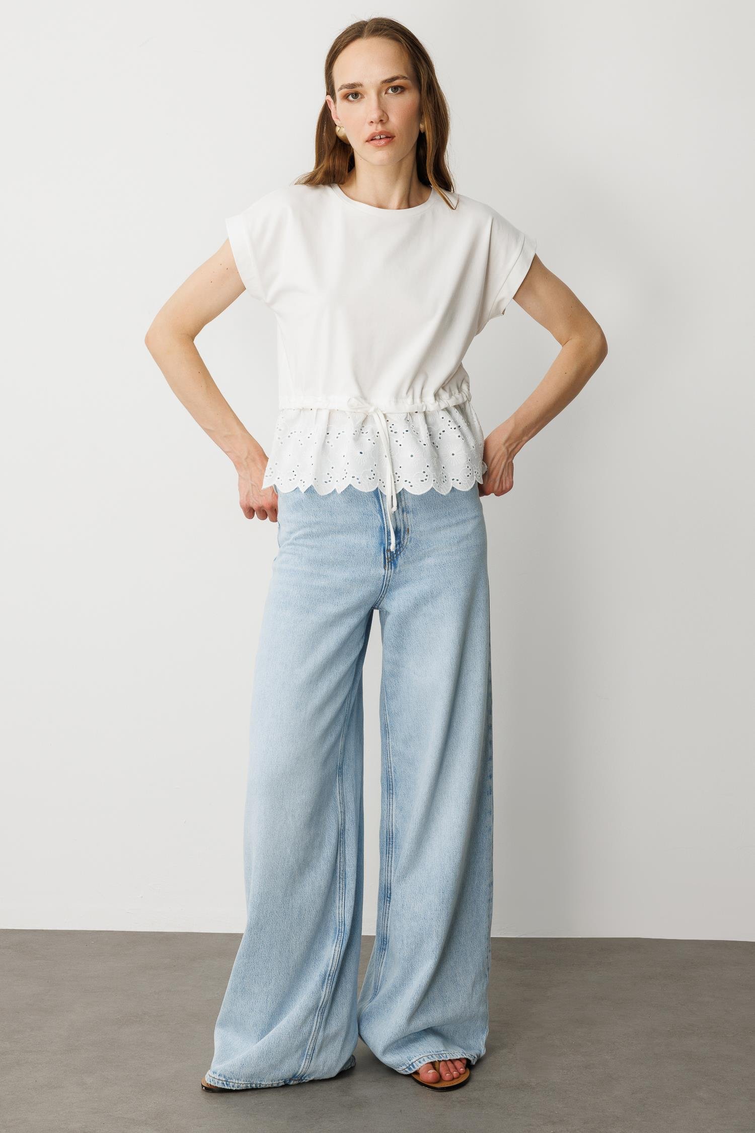 Fisto Detay Pamuklu Penye Tişört-KEMIK