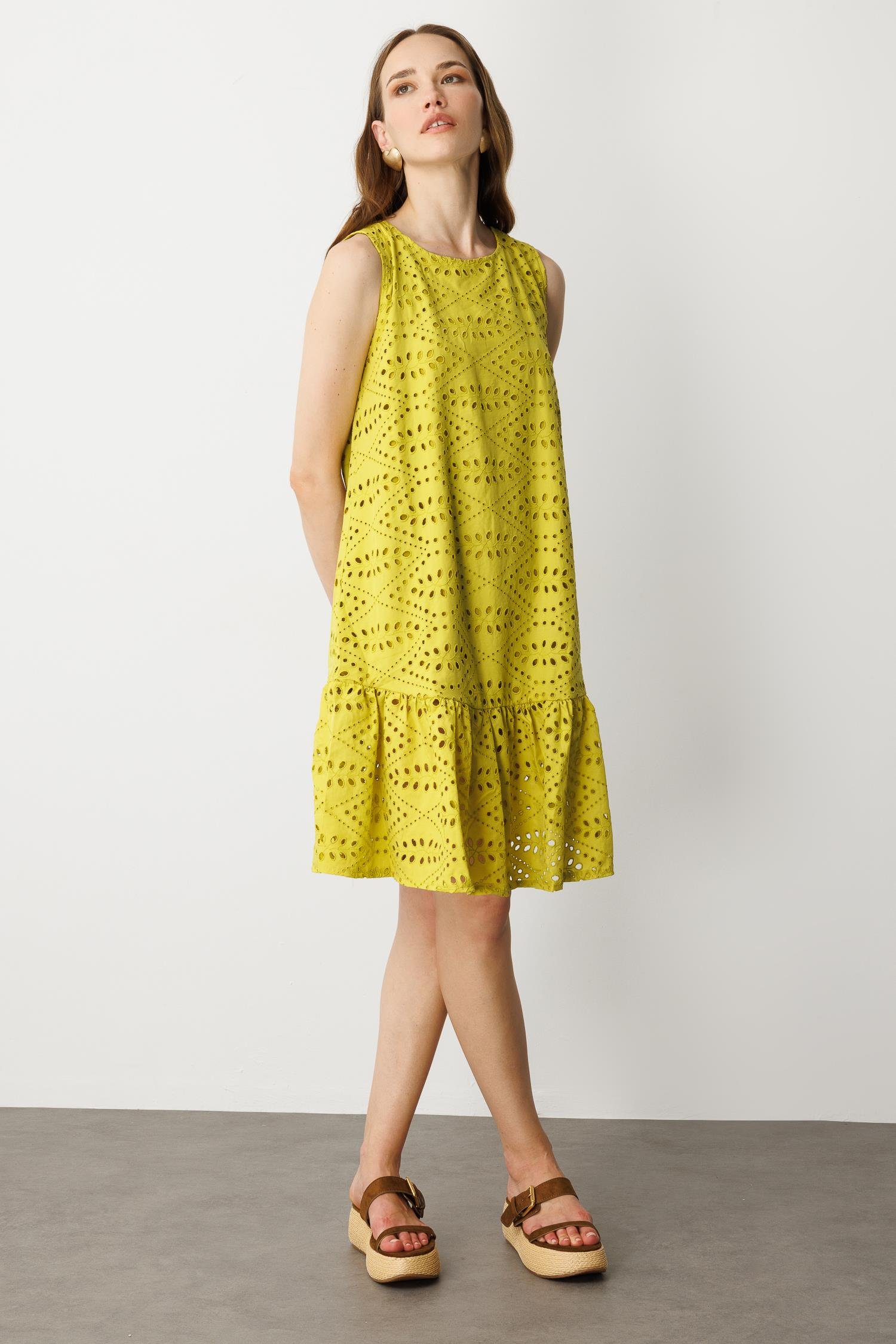 Fisto Görünüm Pamuklu Elbise-HARDAL