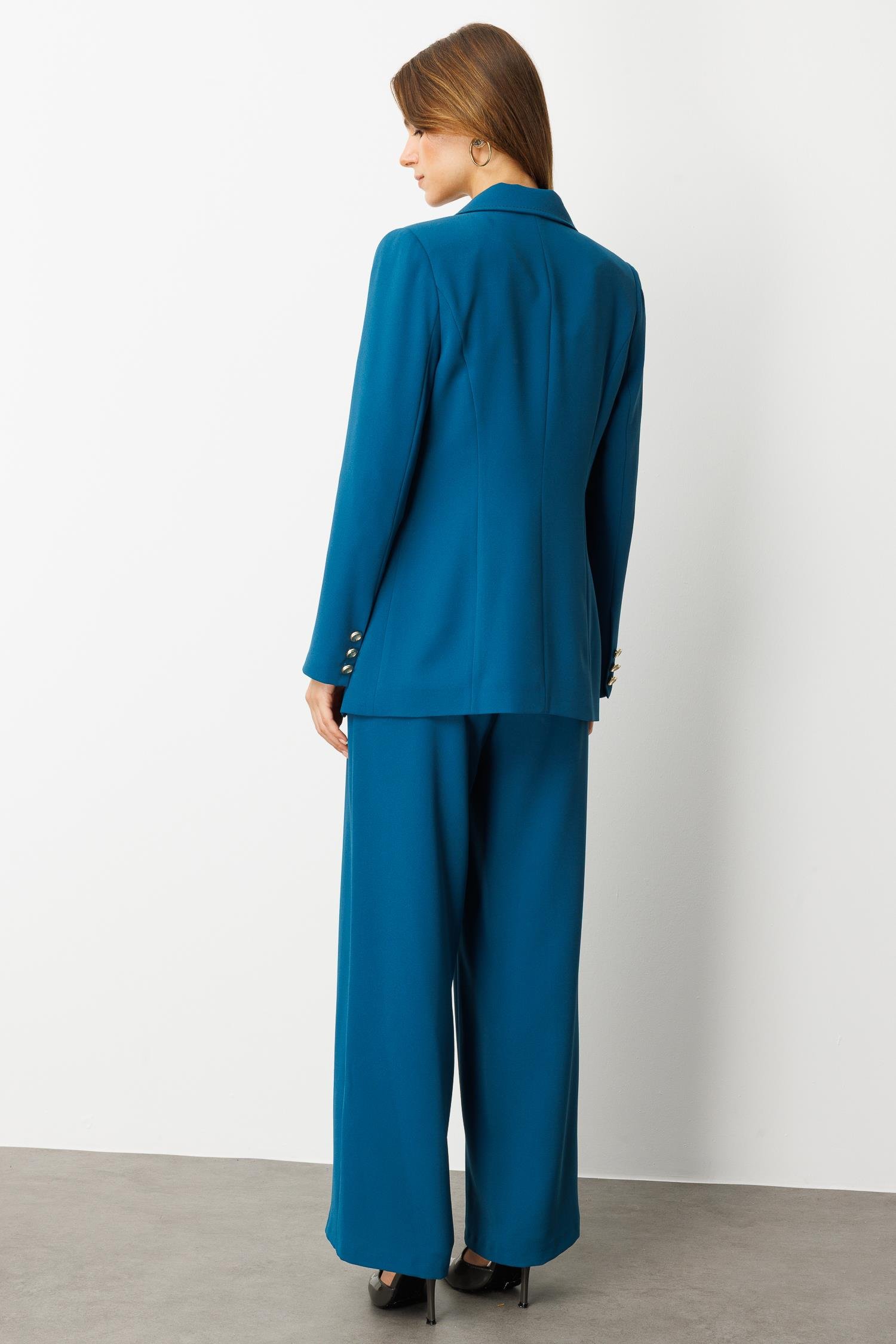 Fular Detaylı Kruvaze Ceket-PETROL