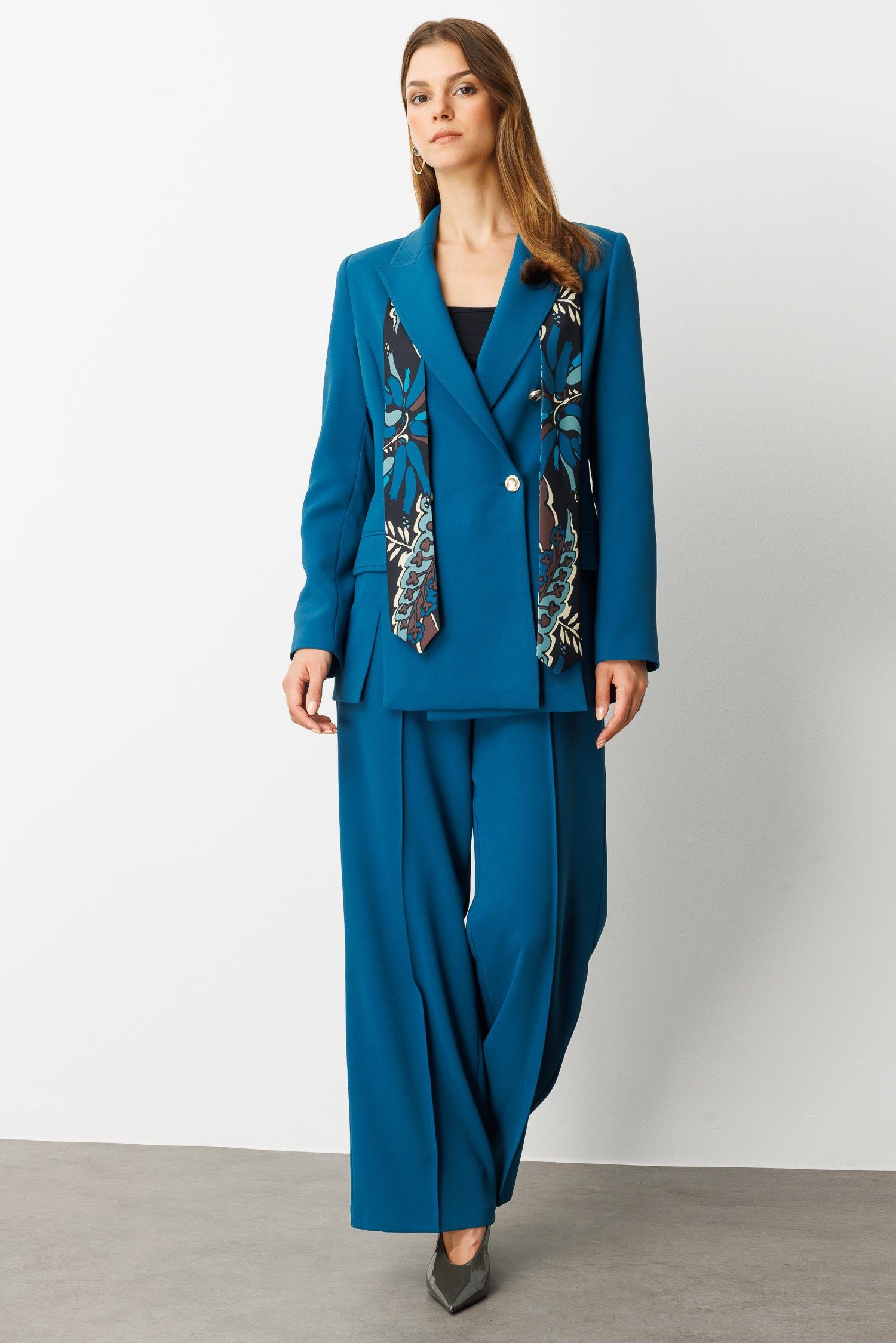 Fular Detaylı Kruvaze Ceket-PETROL