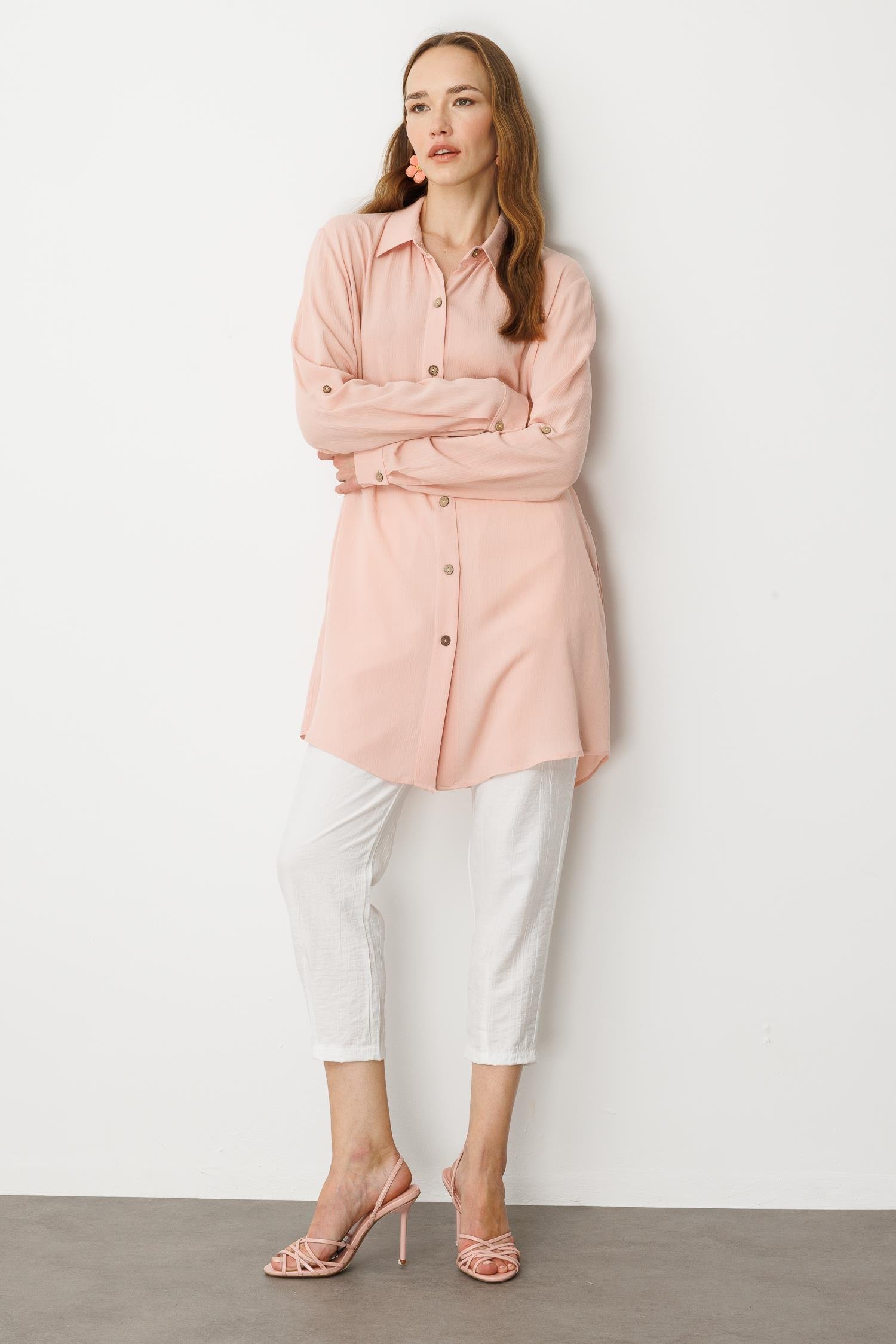 Gizli Cepli Düğme Detay Tunik Gömlek-PUDRA